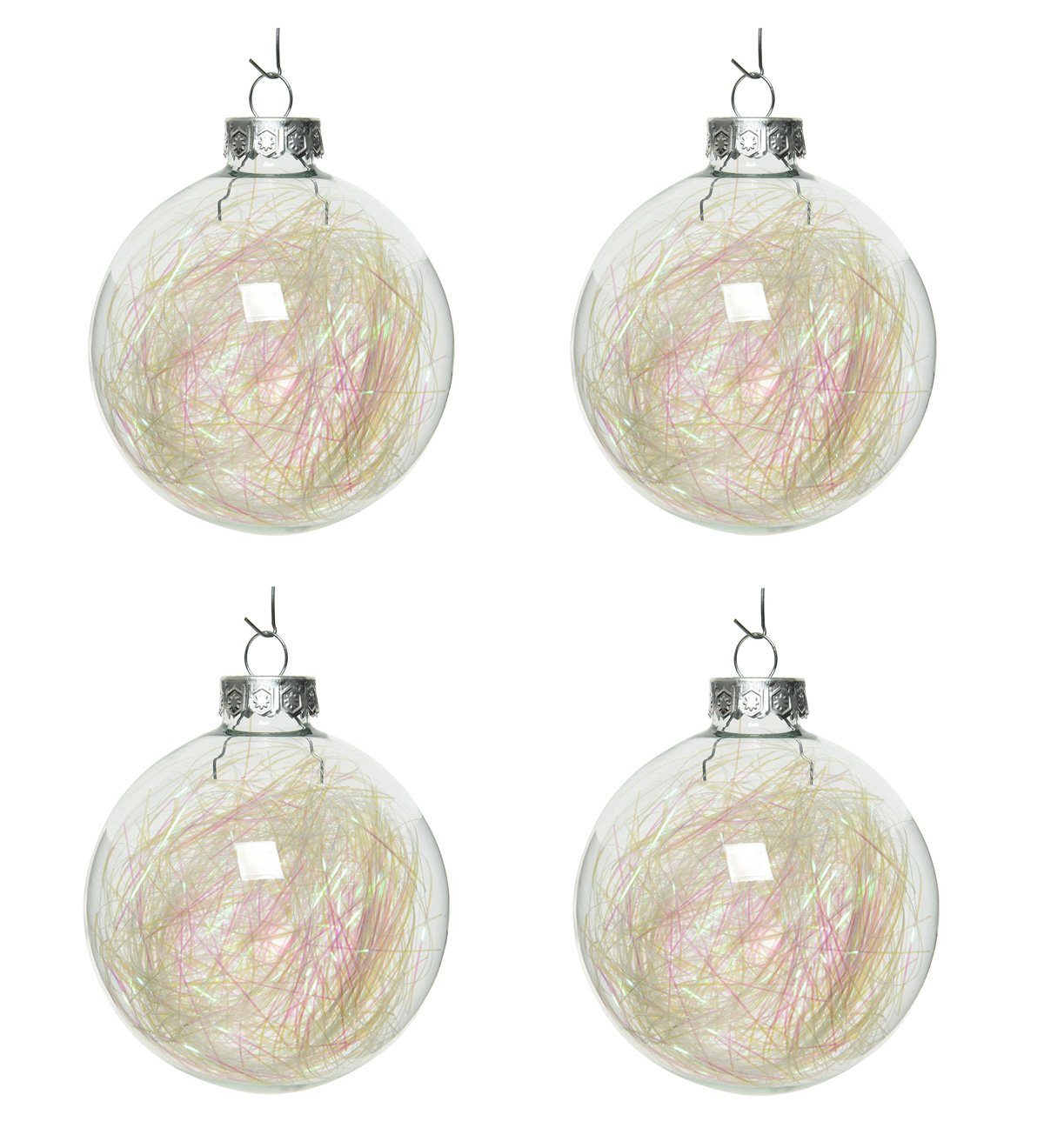 Decoris season decorations Weihnachtsbaumkugel, Weihnachtskugeln Glas mit Lametta gefüllt 7cm klar irisierend, 4er Set