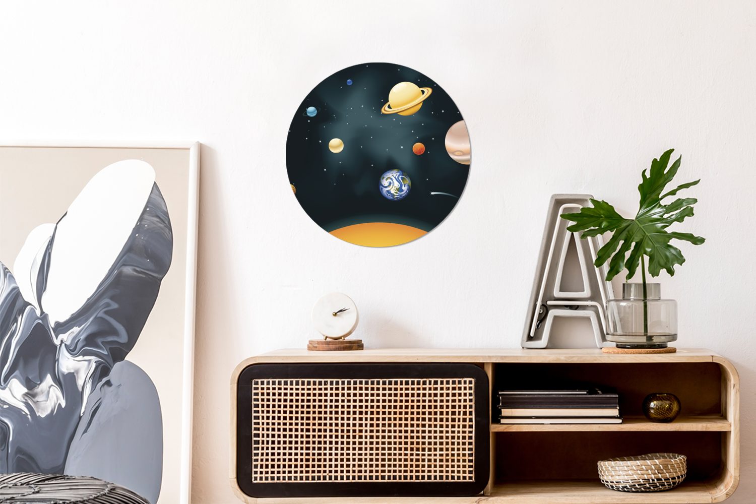 Eine MuchoWow des Tapetenkreis für Wohnzimmer Rund, Wandsticker Tapetenaufkleber, St), Kinderzimmer, unserem Planeten (1 Sonnensystems Illustration mit
