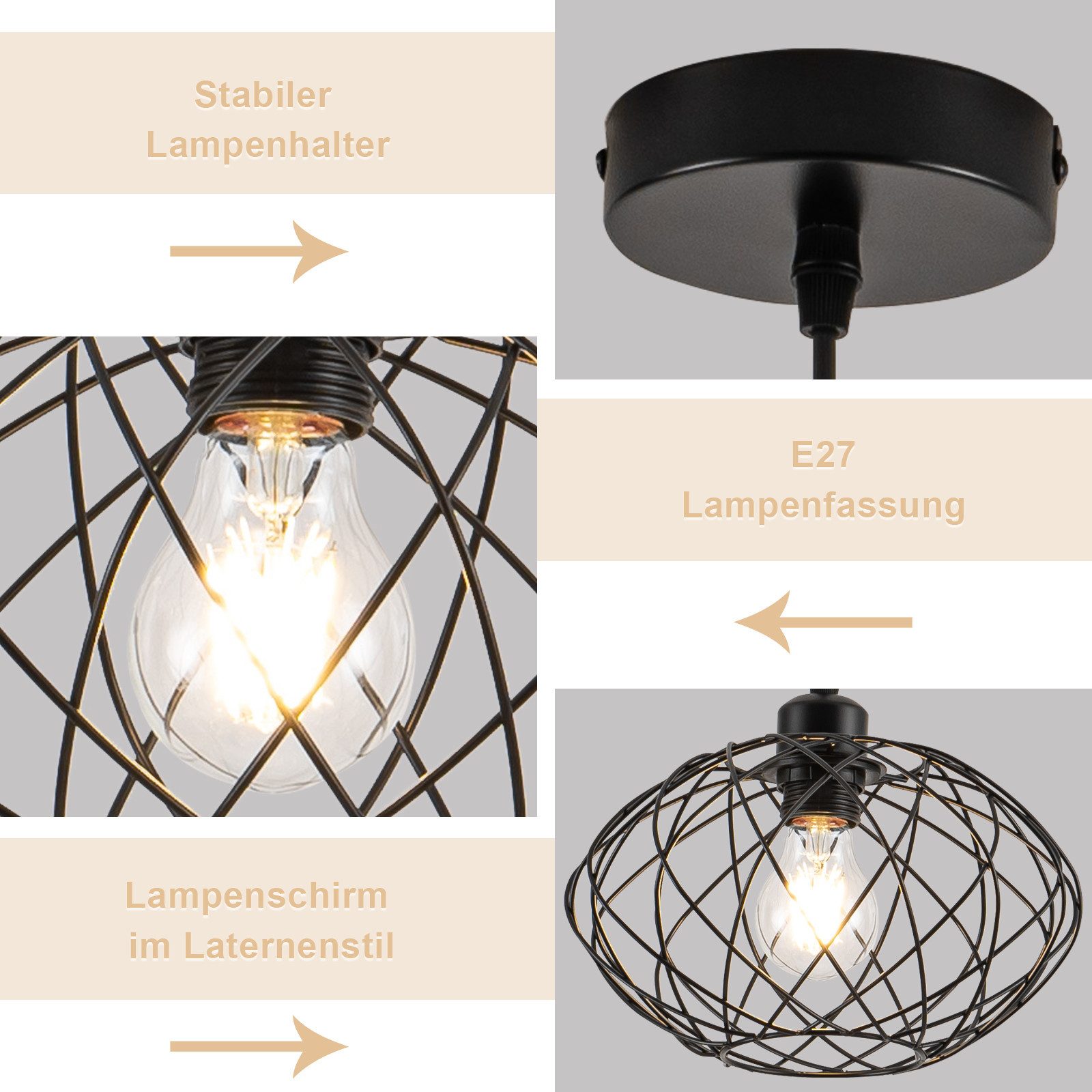 Nettlife Pendelleuchte Pendelleuchte Schwarz Rund Vintage E27, Höhenverstellbar, LED wechselbar, Küchenlampe Wohnzimmer Treppenhaus Flur