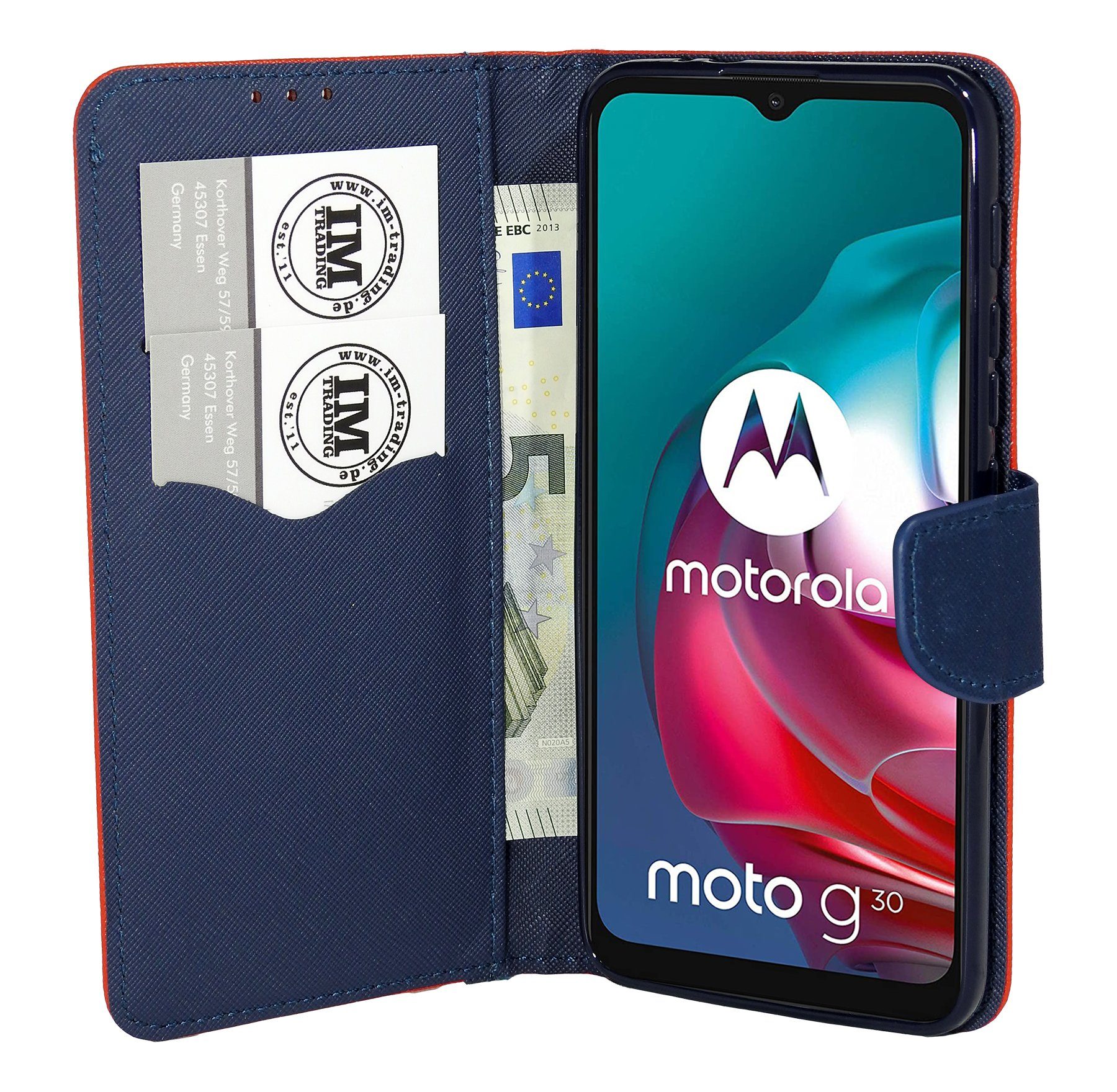 cofi1453 Handyhülle Buch Tasche "Fancy" für MOTOROLA MOTO G30 Rot-Blau 6,5 Zoll, Kunstleder Schutzhülle Handy Wallet Case Cover mit Kartenfächern, Stan