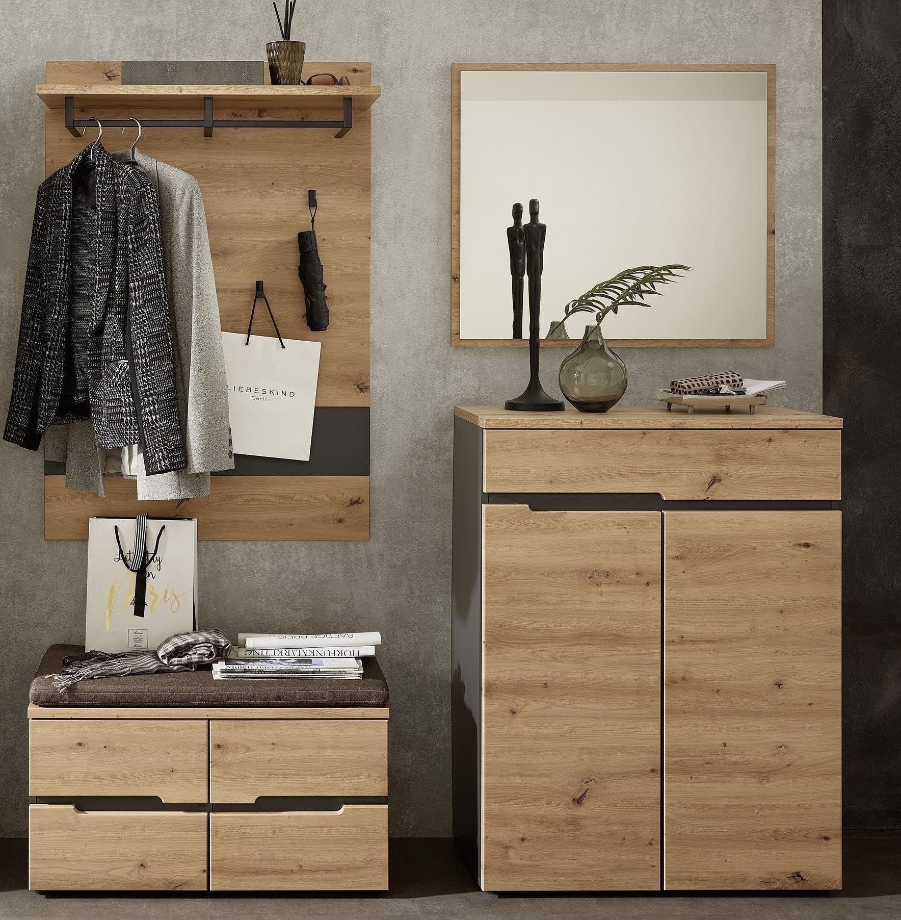 freiraum Garderoben-Set Memphis, (4-teilig), (4-teilig) Artisan Eiche Dekor / Graphit - 145x192x38 (BxHxT)
