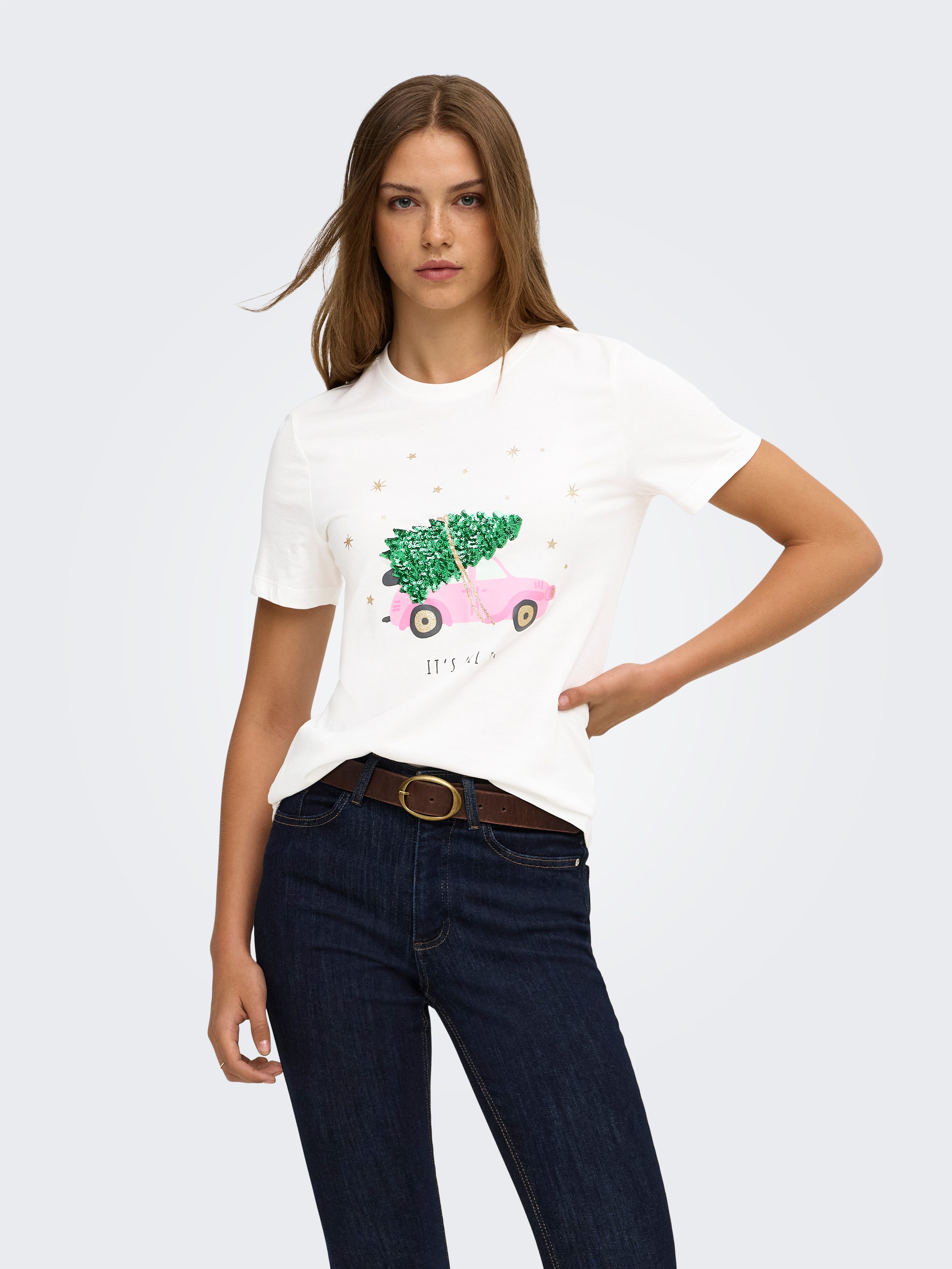 ONLY Kurzarmshirt ONLKITA LIFE REG S/S TOP BOX XMAS JRS Baumwolle, regular fit, Weihnachtsshirt