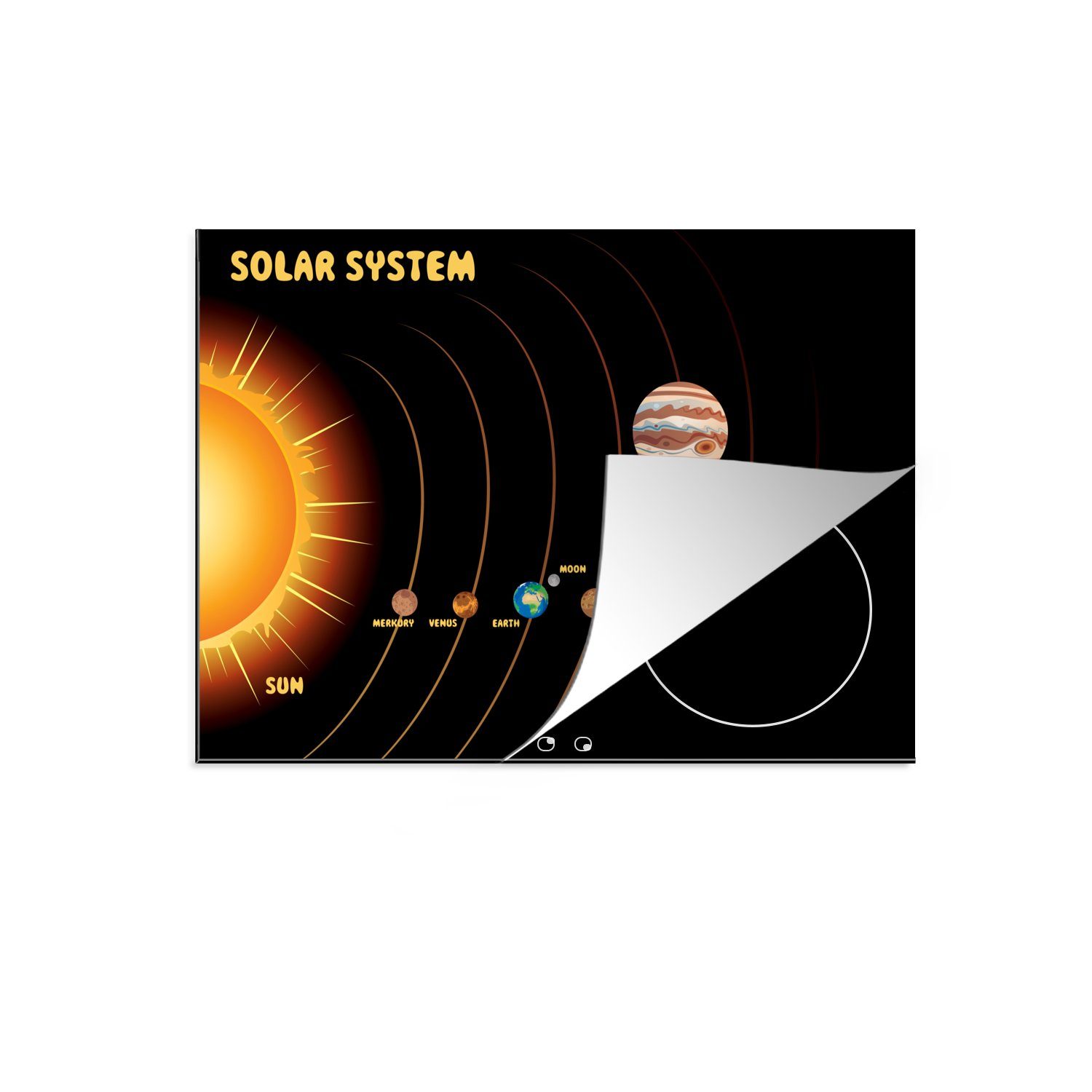 MuchoWow Herdblende-/Abdeckplatte Illustration eines einfachen Sonnensystems mit auffälliger Sonne, Vinyl, (1 tlg), 70x52 cm, Mobile Arbeitsfläche nutzbar, Ceranfeldabdeckung
