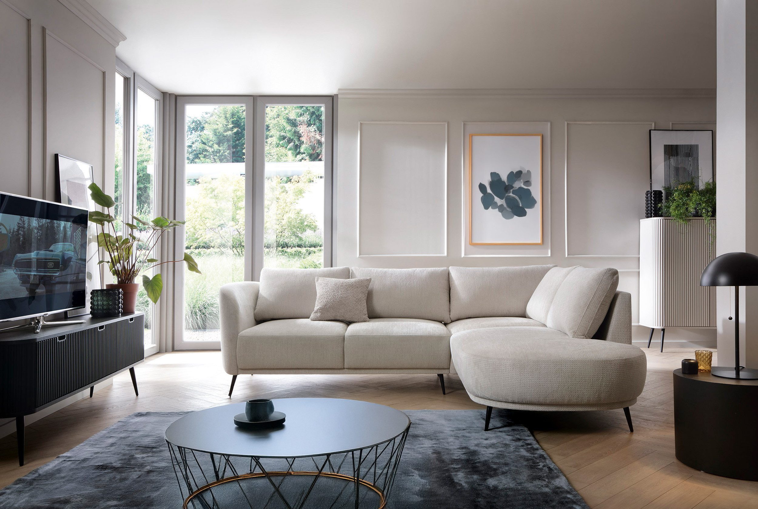 Goldstoff Ecksofa mit Schlaffunktion & Bettkasten - L-Form - Aurora mit Recamiere, Couch mit Bettkasten und Schlaffunktion, Langlebige Materialien, Modernes Design, Pflegeleichter Bezug