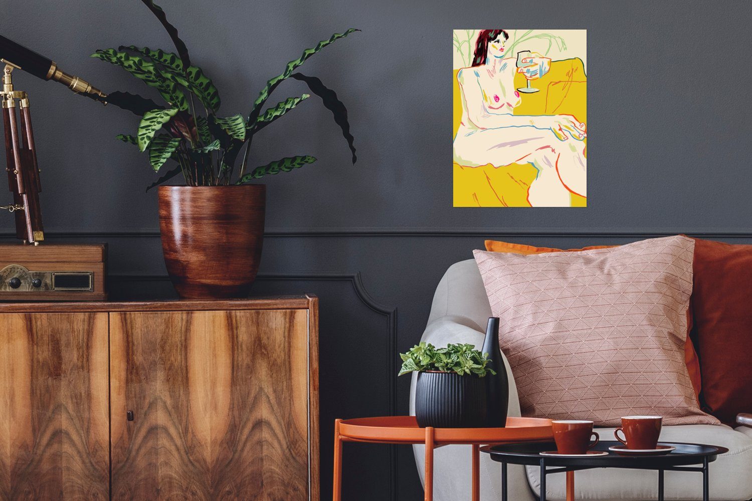 Kunst - MuchoWow - (1 St), Frau Rahmen Weinglas Poster, Wohnzimmer, Poster Wandbild, Ohne für - Wandposter Gelb,
