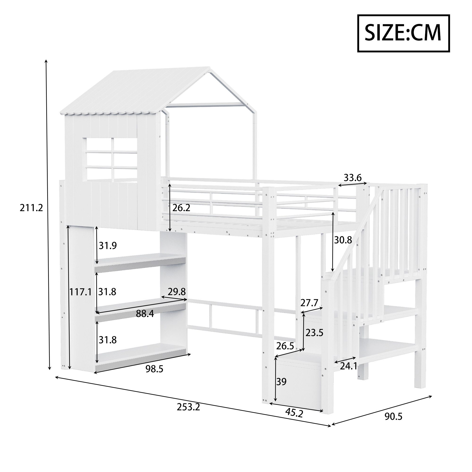 Sweiko Hochbett Eisenhochbett 90x200cm, Hausdesign, Jugendbett (mehrstöckiges Stauraumregal) hohes Schutzgitter, sichere Treppe(montierbar links/rechts) – Bild 4 von 5