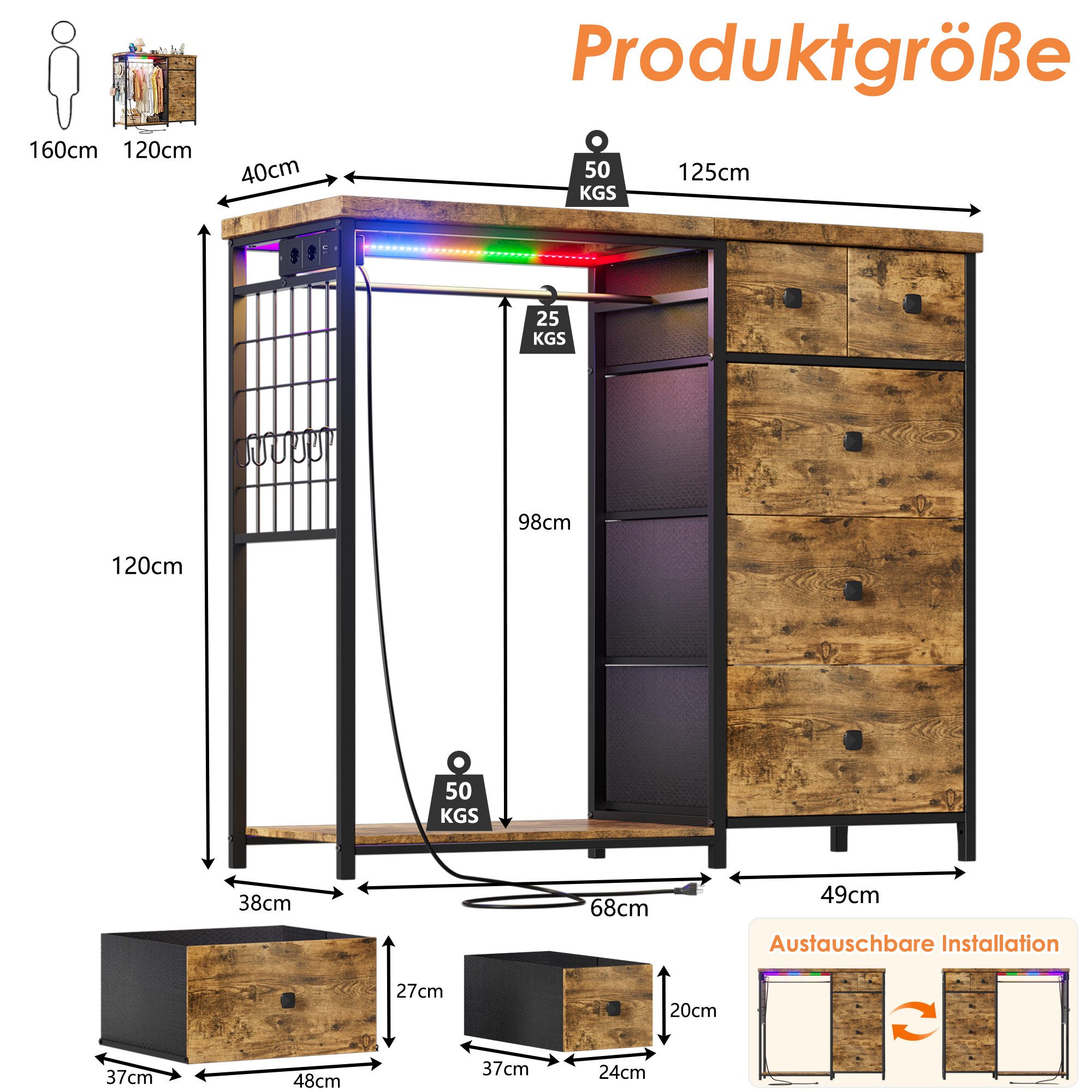 TWSOUL Garderoben-Set 3-in-1 Schubladenschrank 5 Schublade, mit LED, 2 USB günstig online kaufen
