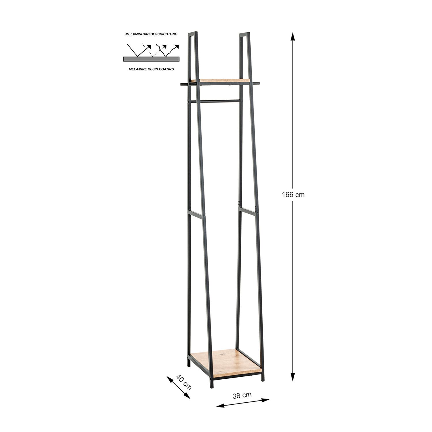 HAKU Kleiderständer PESCARA 2 Garderobe - eiche-schwarz - MDF, Metall - H. 166cm x B. 38cm, (1xStandgarderobe, Hakenständer - Aufhängeständer), Kleiderständer - Mantelständer - Jackenständer