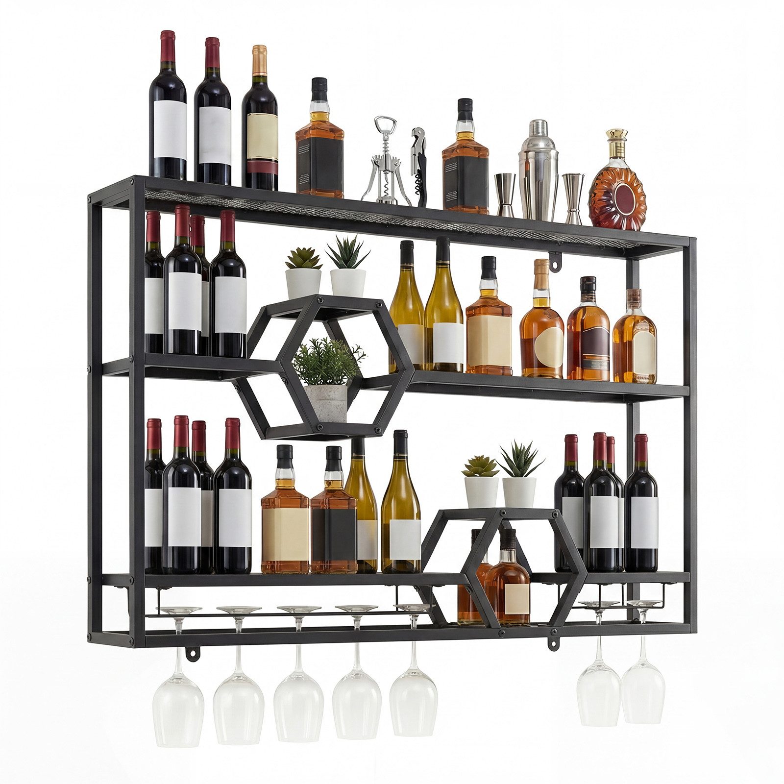 COSTWAY Weinregal Wand Metall Flaschenregal mit Glashalter, 120x20x77cm