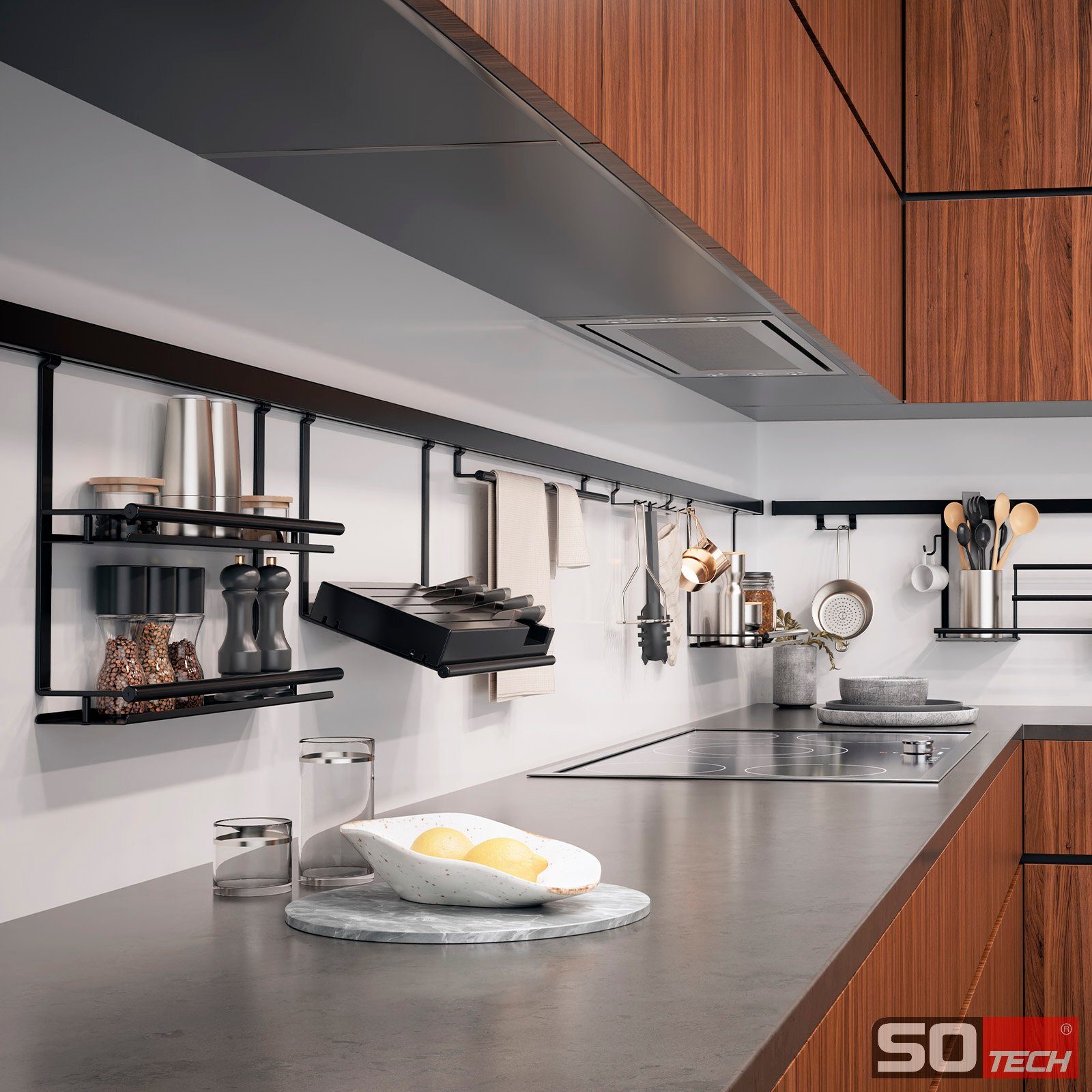 Kesseböhmer Küchenrückwand Linero Style Relingsystem für die Küche - versch. Elemente, (1-tlg), 2er Hakenleiste in schwarz zum Einhängen