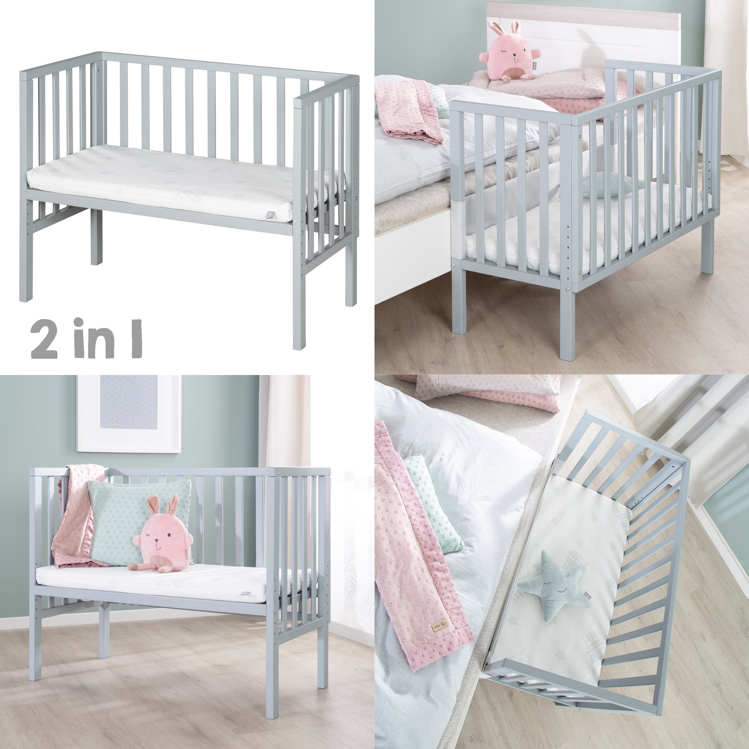 roba® Beistellbett 45 x 90 cm, Höhenverstellbar mit Barriere + Matratze