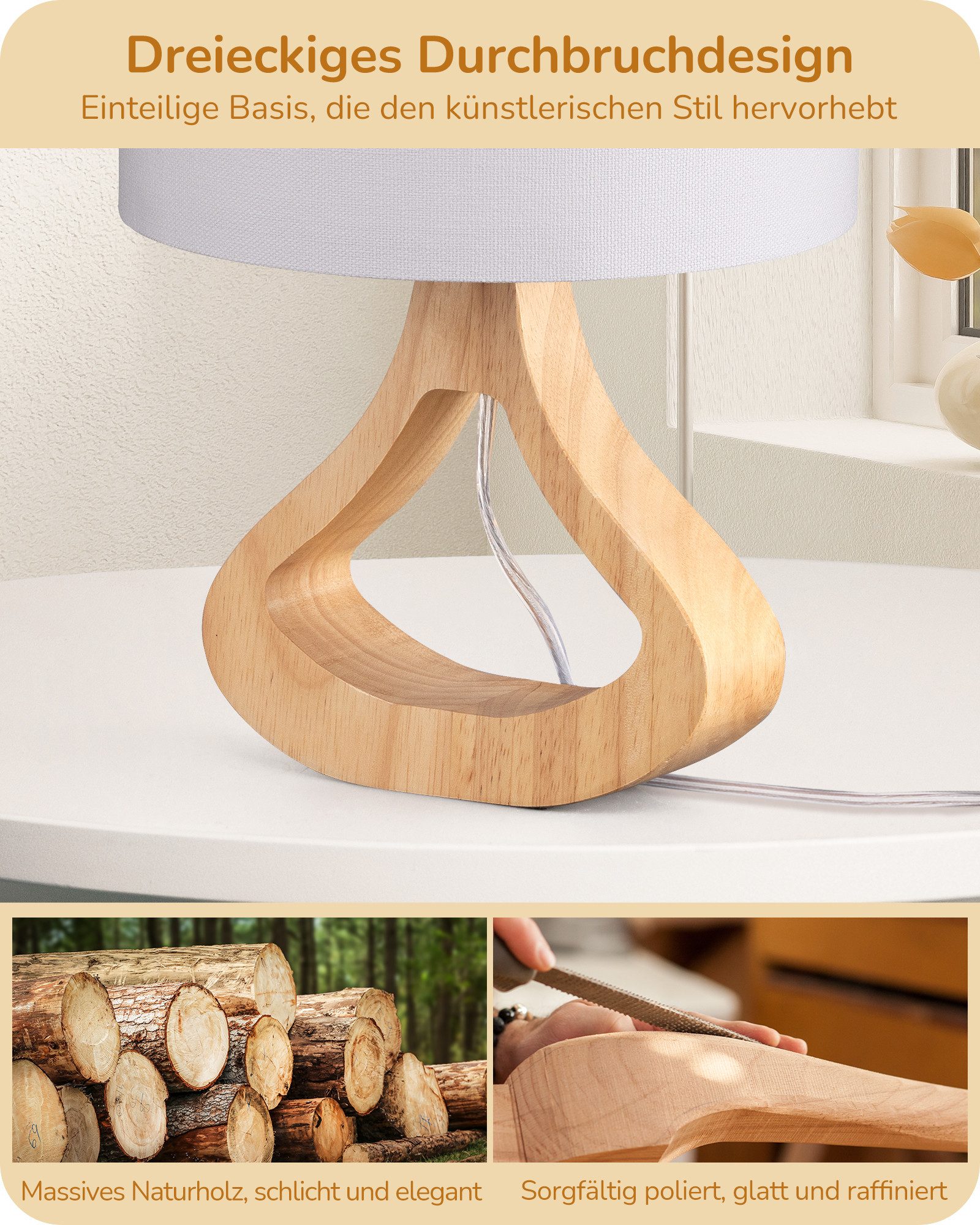 EDISHINE Nachttischlampe Höch 34cm Holz, LED wechselbar, warmweiß, Lampe mi günstig online kaufen