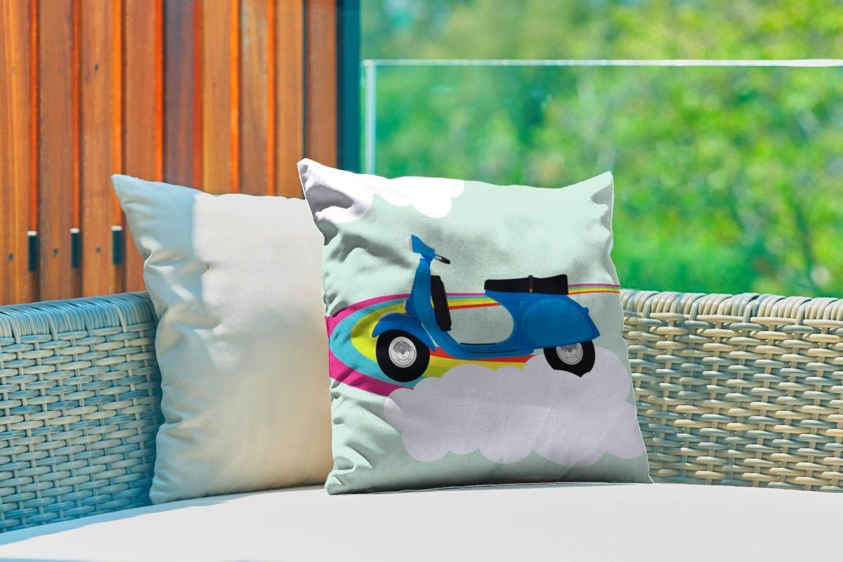 MuchoWow Dekokissen Illustration einer Dekokissenbezug, Kissenhülle, Vespa Kissenbezüge, blauen auf Dekokissen, Outdoor einem Regenbogen