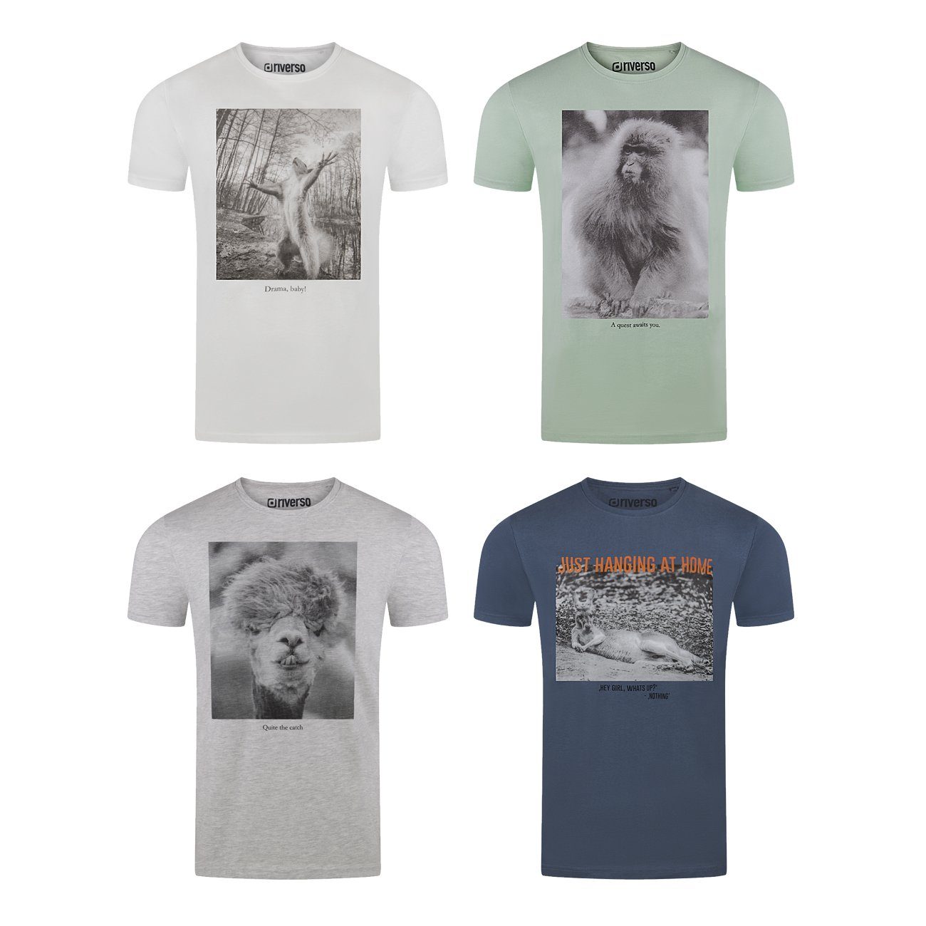 1 Regular Shirt Baumwolle Tee Rundhalsausschnitt Fotoprintshirt (4-tlg) Herren Fit aus RIVCharly T-Shirt Farbmix 100% mit Kurzarm riverso