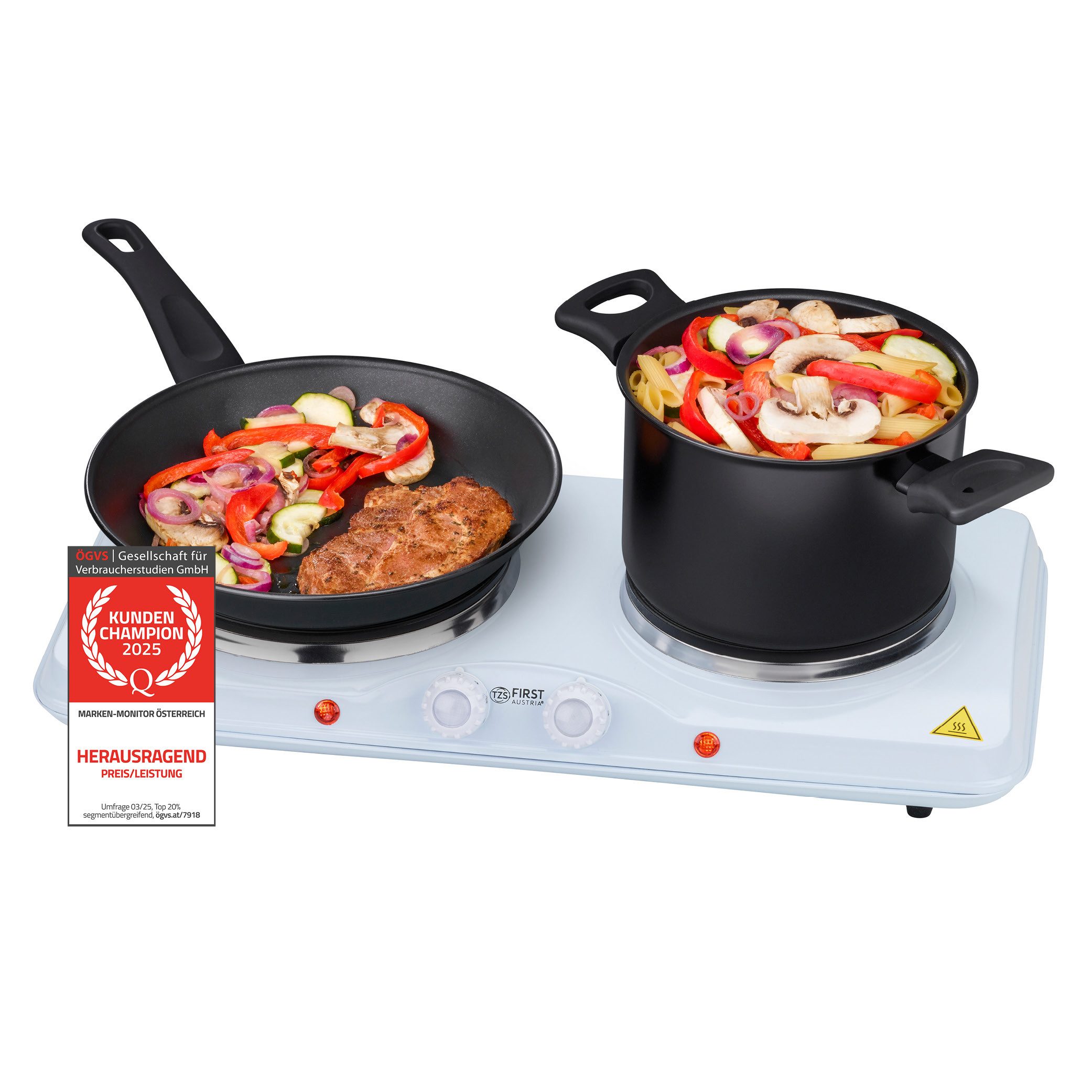 TZS FIRST AUSTRIA Doppelkochplatte 2500W, Gusseisen, 185 & 150 mm, Stufenlose Thermostatsteuerung, Mobile Herdplatte, max 400°C Oberflächentemperatur, Überhitzungsschutz