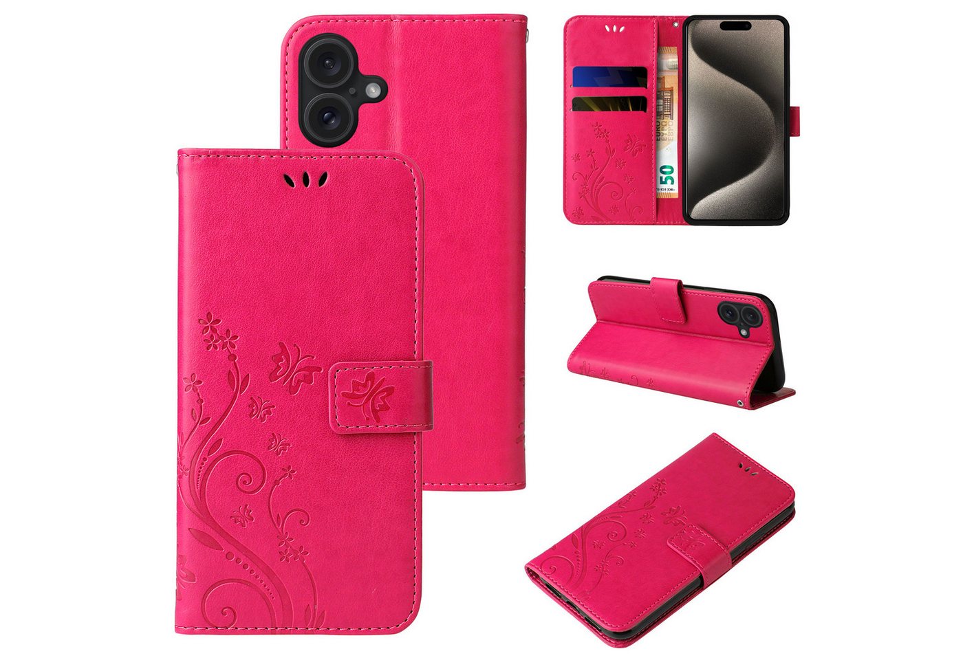 Tec-Expert Handyhülle Cover Tasche Hülle für Apple iPhone 16 6.1 Zoll, 6.1, Klapphülle Case mit Kartenfach Fliphülle aufstellbar, Motiv Blumen