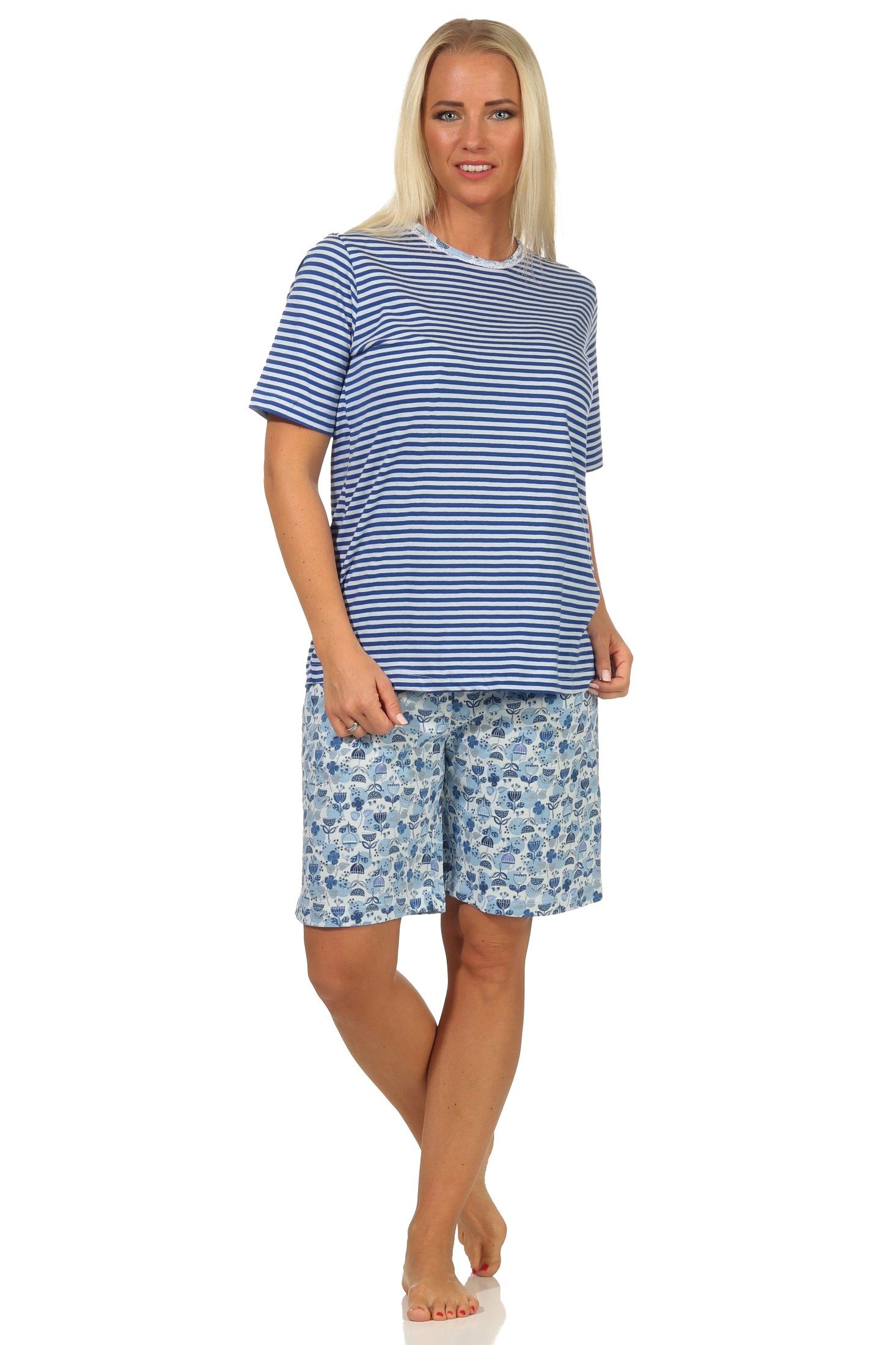 Normann Pyjama Damen kurzarm Pyjama Shorty mit Spitzenbesatz - auch in Übergrößen hellblau