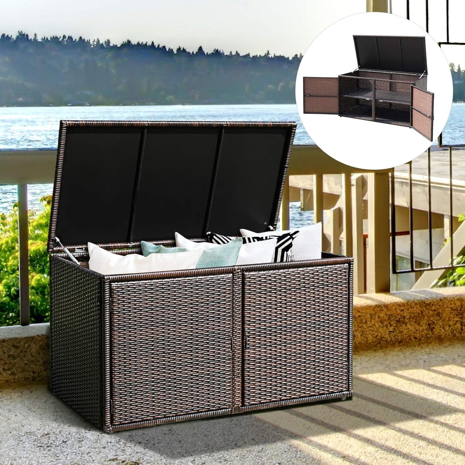 KOMFOTTEU Auflagenbox Kissenbox, 335L Polyrattan Aufbewahrungsbox