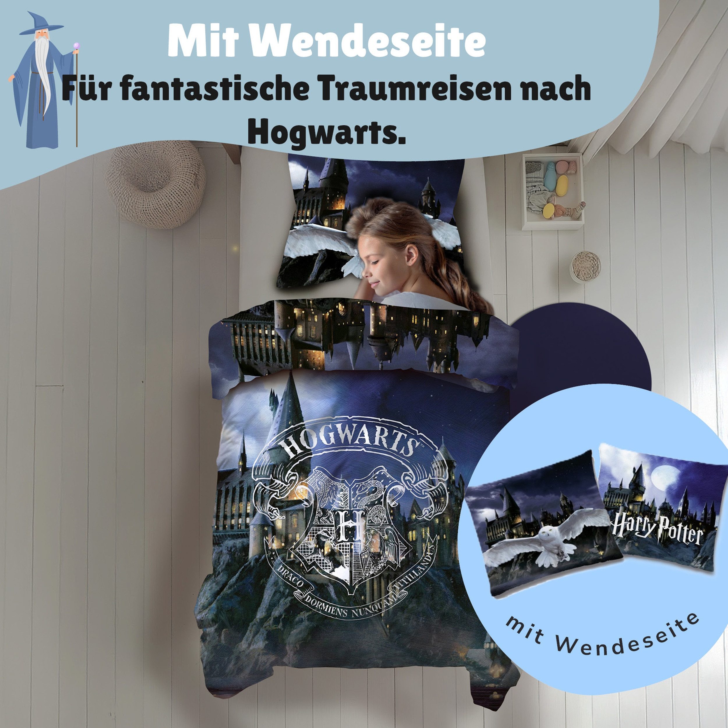 Familando Jugendbettwäsche Harry Potter "Eule" 135x200 80x80 cm - 100% Baumwolle, Reißverschluss, Renforcé, 2 teilig, mit Eule Hedwig und Hogwarts