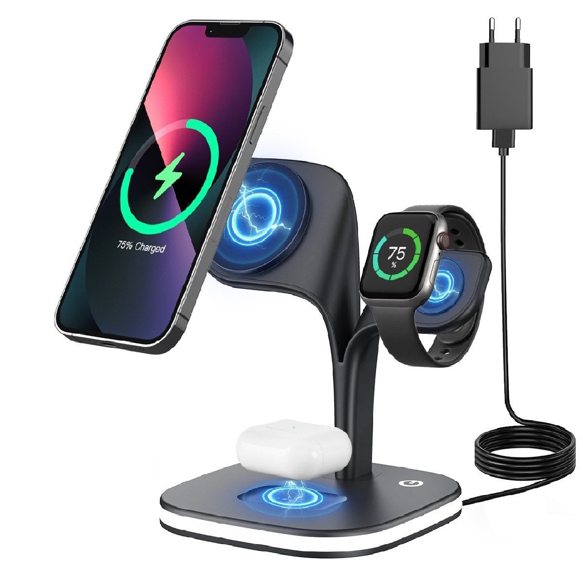 4-in-1 Induktive Ladestation mit Nachtlampe, 23w Wireless Charger Induktions-Ladegerät