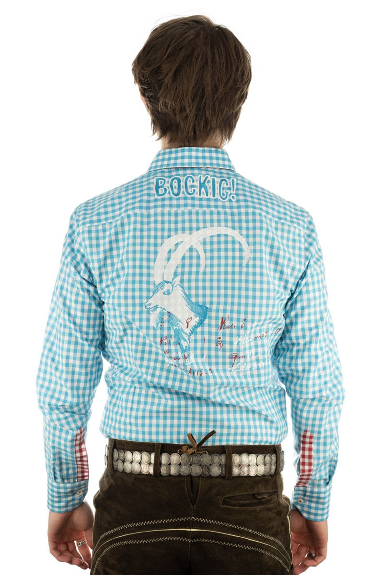 Ubegu türkis dem auf mit Trachtenhemd Große OS-Trachten Stickerei Rücken Langarmhemd