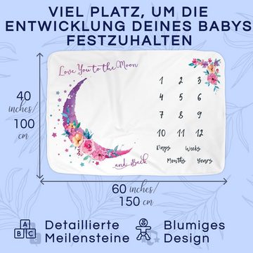 Kinderdecke Rosa Baby Meilenstein Decke, Luka & Lilly, Ultrasofte Baby Meilenstein Decke - Rosa Mond Blumen - 150 x 100 cm