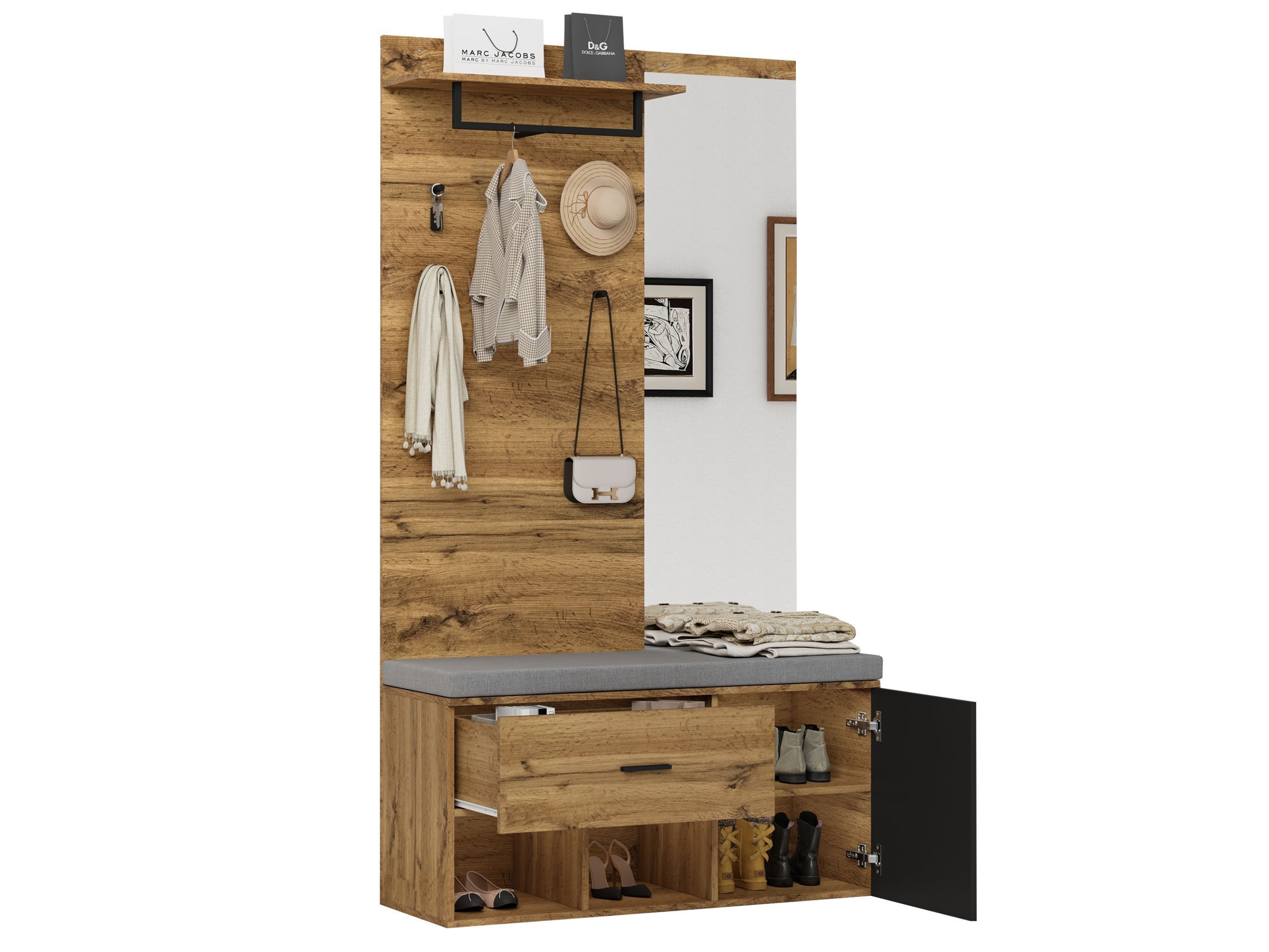 SeedWave Garderobe Garderobenschrank mit Schuhschrank, 7-in-1-Design mit Spiegel, Bank, Flache Regalen, Moderner Holzoptik, 190cm Höhe