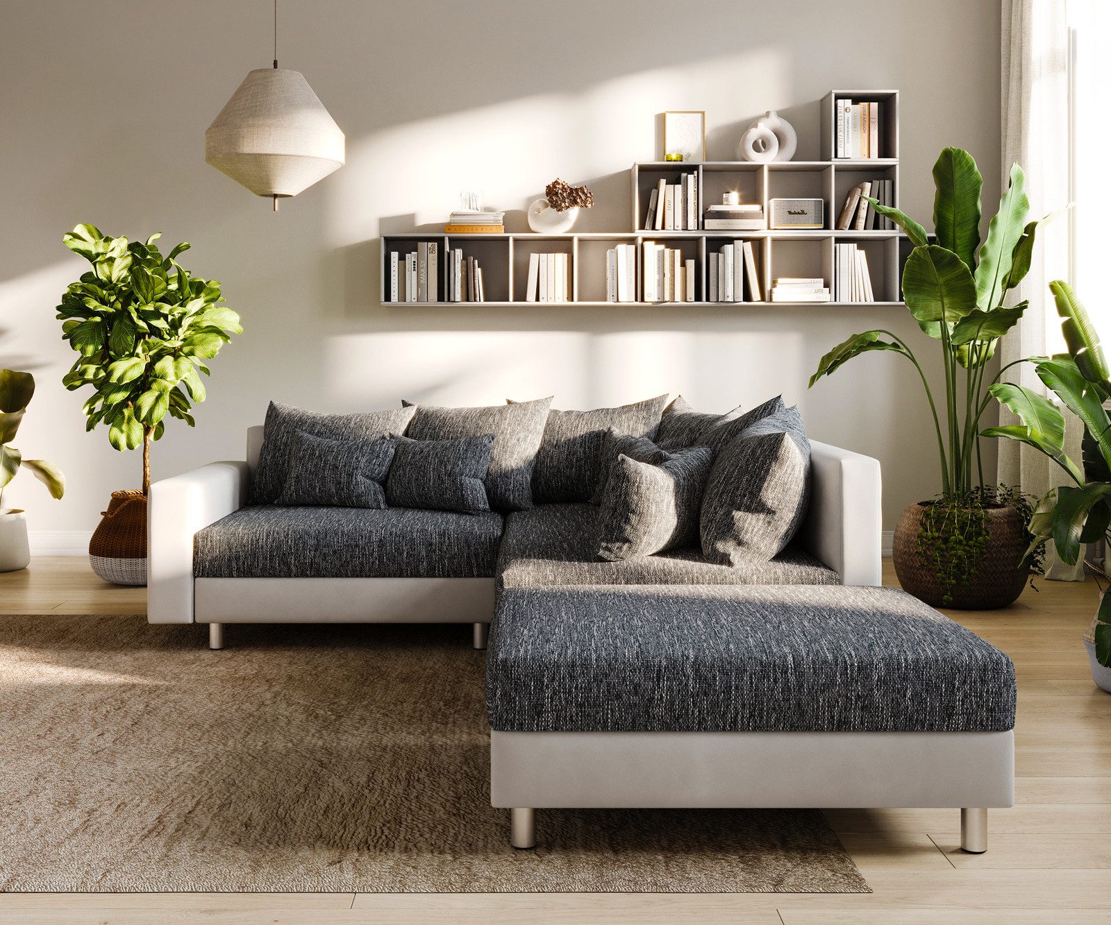 DELIFE Ecksofa Clovis, Weiss Schwarz Hocker günstig online kaufen