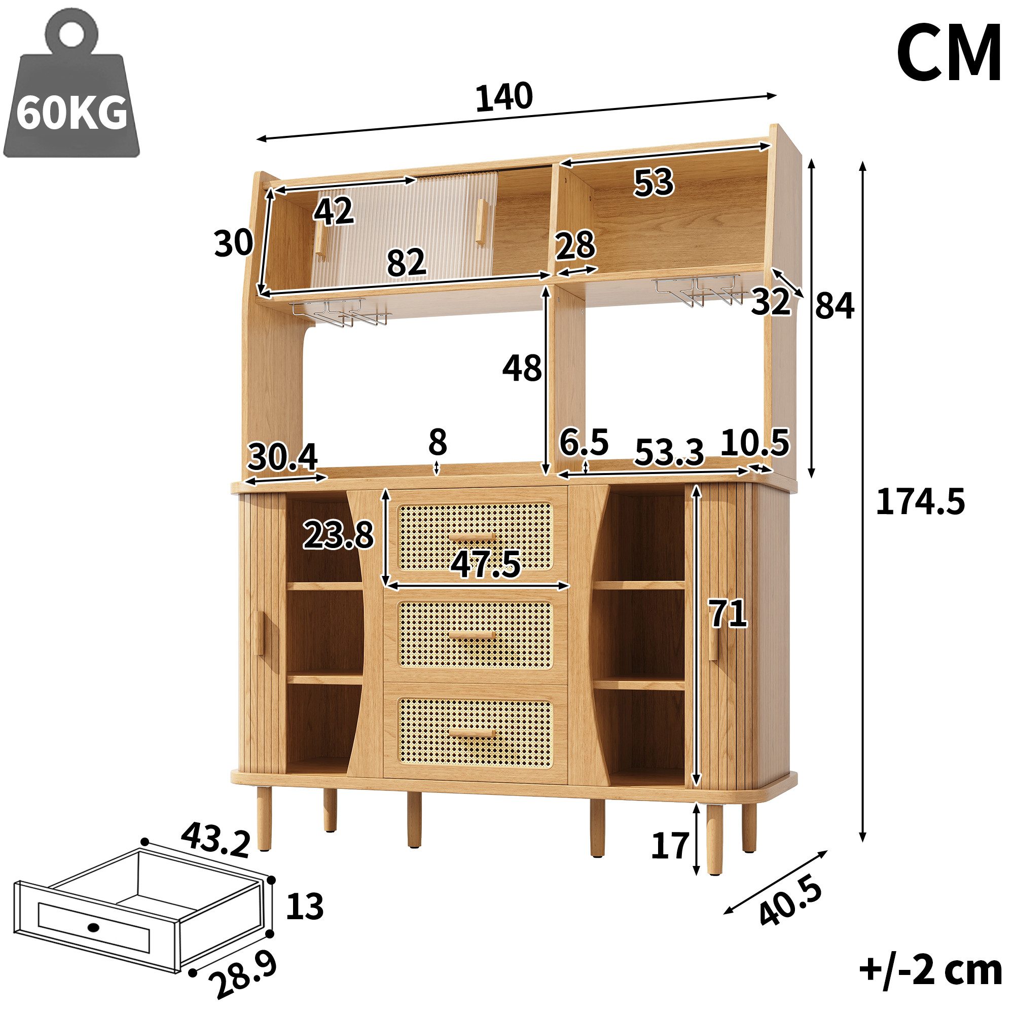 Celya Küchenbuffet Buffetschrank Rattanoptik mit Stauraum (mit 3 Schubladen und Glasschiebetüren, belastbar bis 60kg) Integrierte Glashalter, verstellbare Füße und abgerundete Kanten
