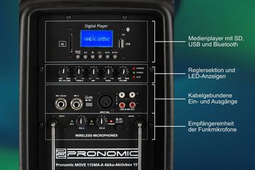 Pronomic MOVE 15MA-A Akku-Aktivbox - Mobile Soundanalage mit 15"-Woofer Lautsprecher (Bluetooth-Schnittstelle, 30 W, TWS Funktion inkl. Funkmikrofon & Headset)
