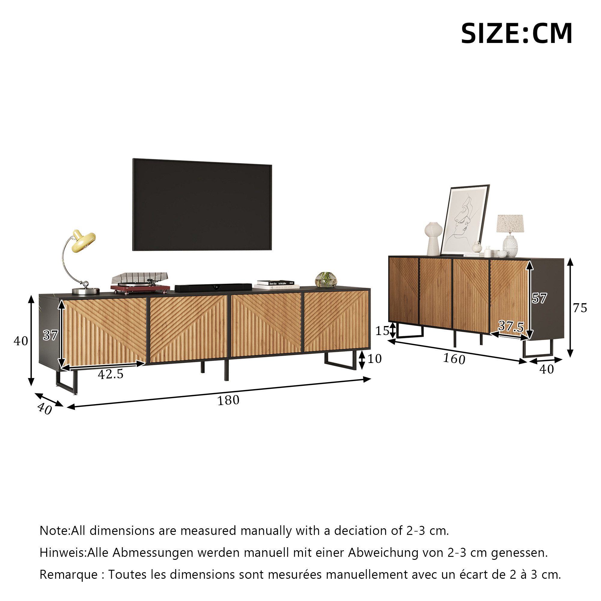 KLAM HOME Wohnwand 2-tlg. Wohnzimmer Set: TV-Schrank + Sideboard Naturholz+Schwarz, (TV-Schrank + Sideboard Set für 80-Zoll-Fernseher), Wohnzimmermöbel Set Holz+Schwarz, 2-teilig