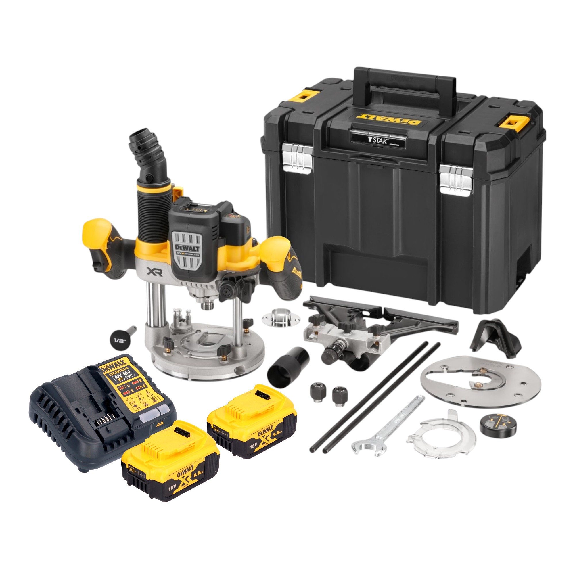 DeWalt Oberfräse DCW 620 P2T 18 V 12 mm + 2x Akku 5,0 Ah + Ladegerät + TSTAK
