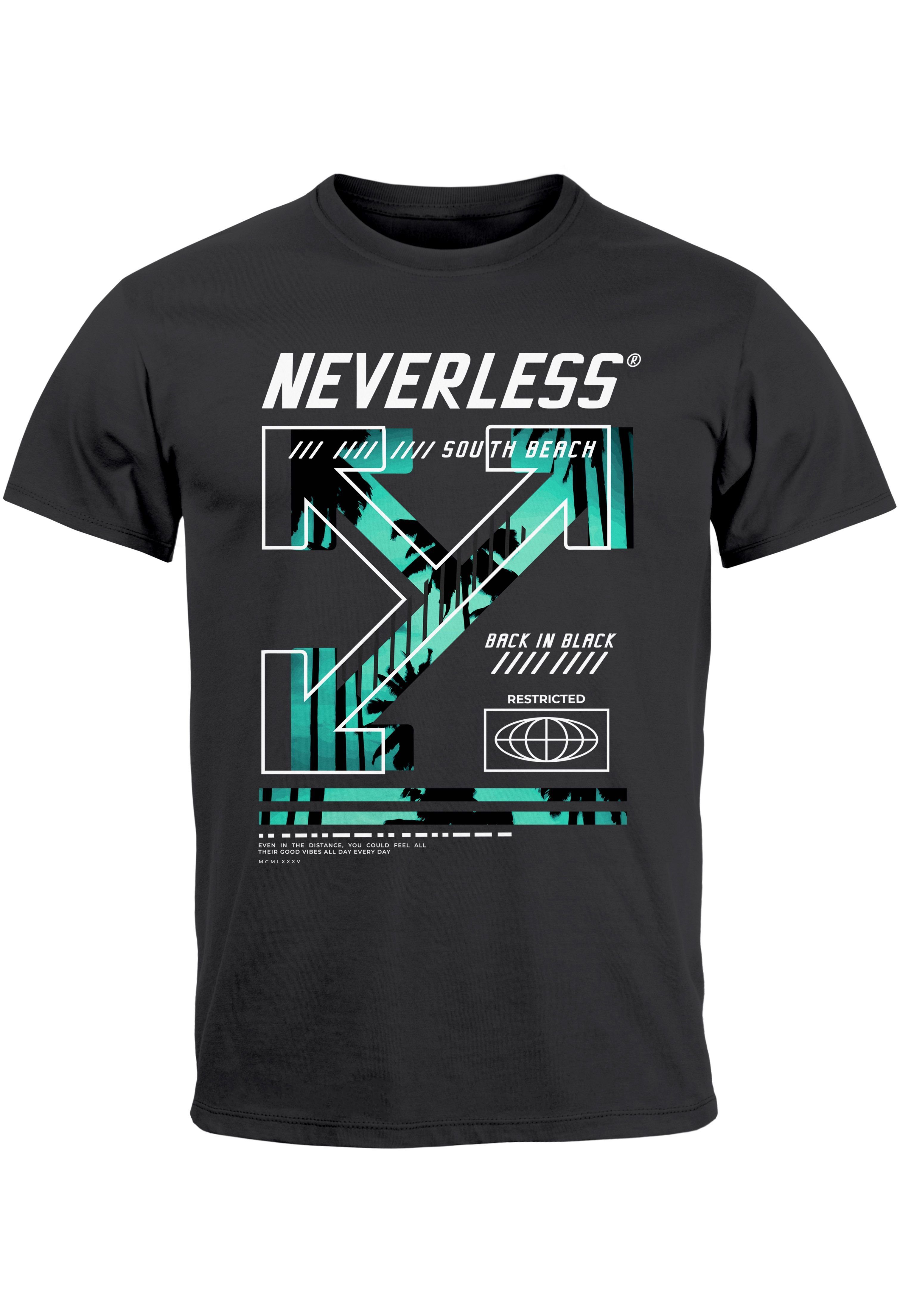 Neverless Print-Shirt Herren T-Shirt Text Print Aufdruck South Beach Techwear Fashion Street mit Print dunkelgrau