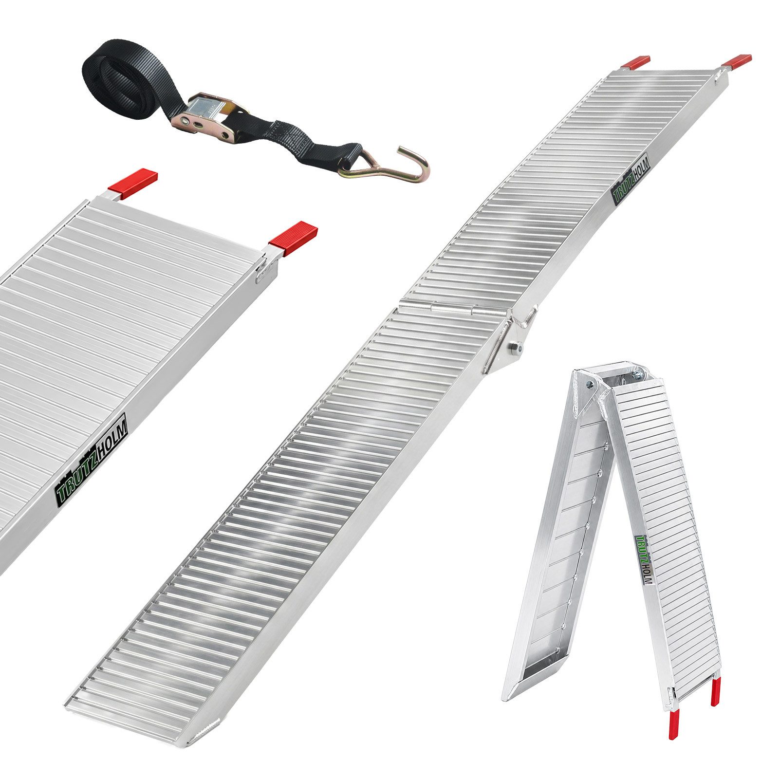 TRUTZHOLM Auffahrrampe klappbar Länge 205 cm Traglast 340 kg Alu Verladerampe gerillt (1-St., Inkl. Spanngurt), Robuste Konstruktion, rutschhemmende Lauffläche, stabile Auflage