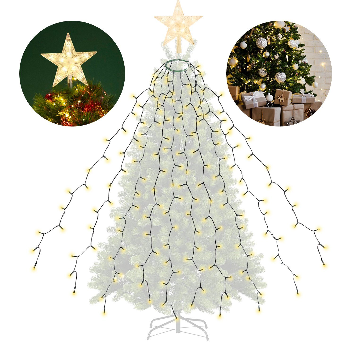 Salcar LED-Lichterkette 1,5m-3m Weihnachtsbaum Lichterkette LED mit Weihnachtsbaumspitze Stern, 10 Girlanden und 1 Sternspitze, 9 Beleuchtungsmodi und Memory-Funktion