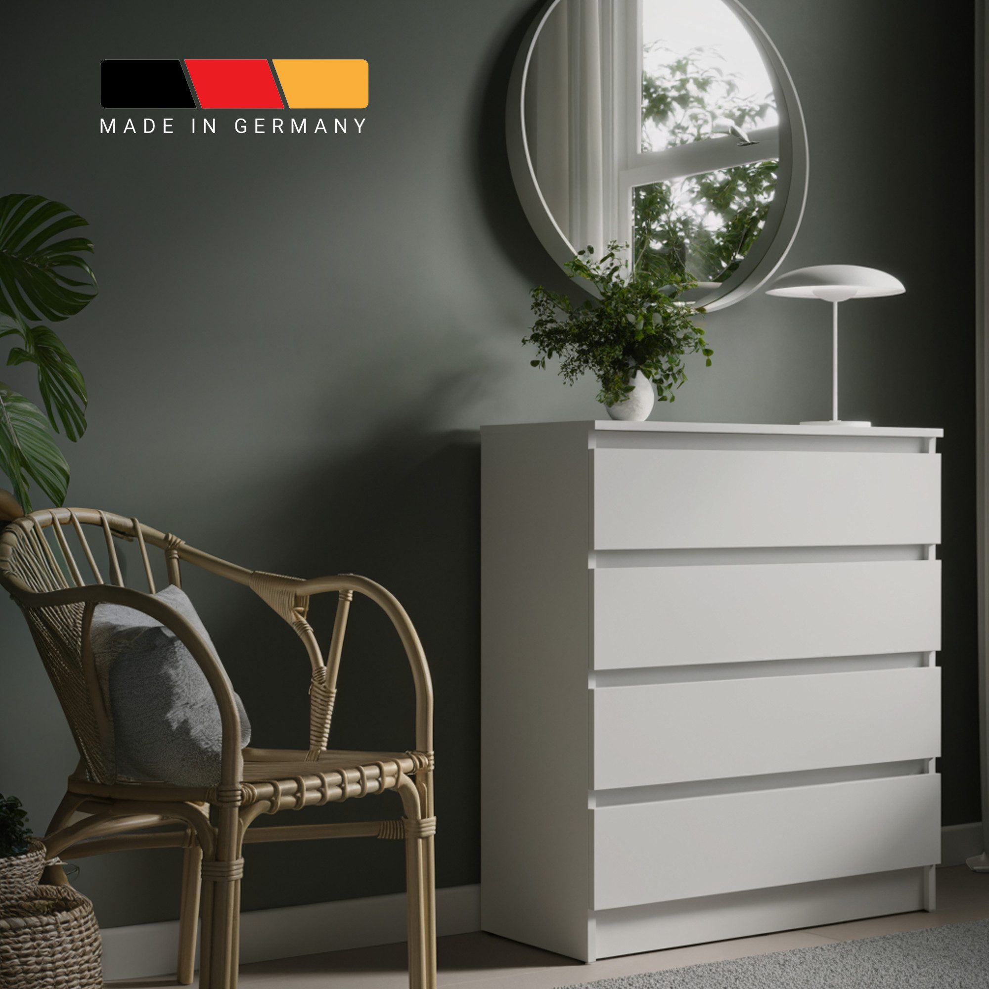 Home Collective Kommode mit 4 Schubladen Kommode schmal Holz Schrank (Highboard Anrichte Schlafzimmer Wohnzimmer Flur Büro Organizer), Kommode 76 cm breit Schrank mit Schubladen Sideboard Weiß