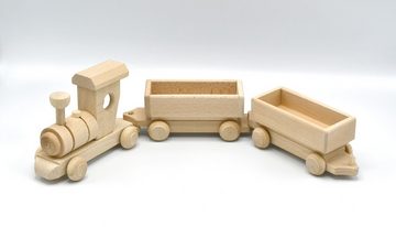 MyBer® Spielzeug-Zug Modell Zug Holzzug Spielzeugzug aus Massivholz Holz Lokomotive 2 Wägen, (3-tlg)