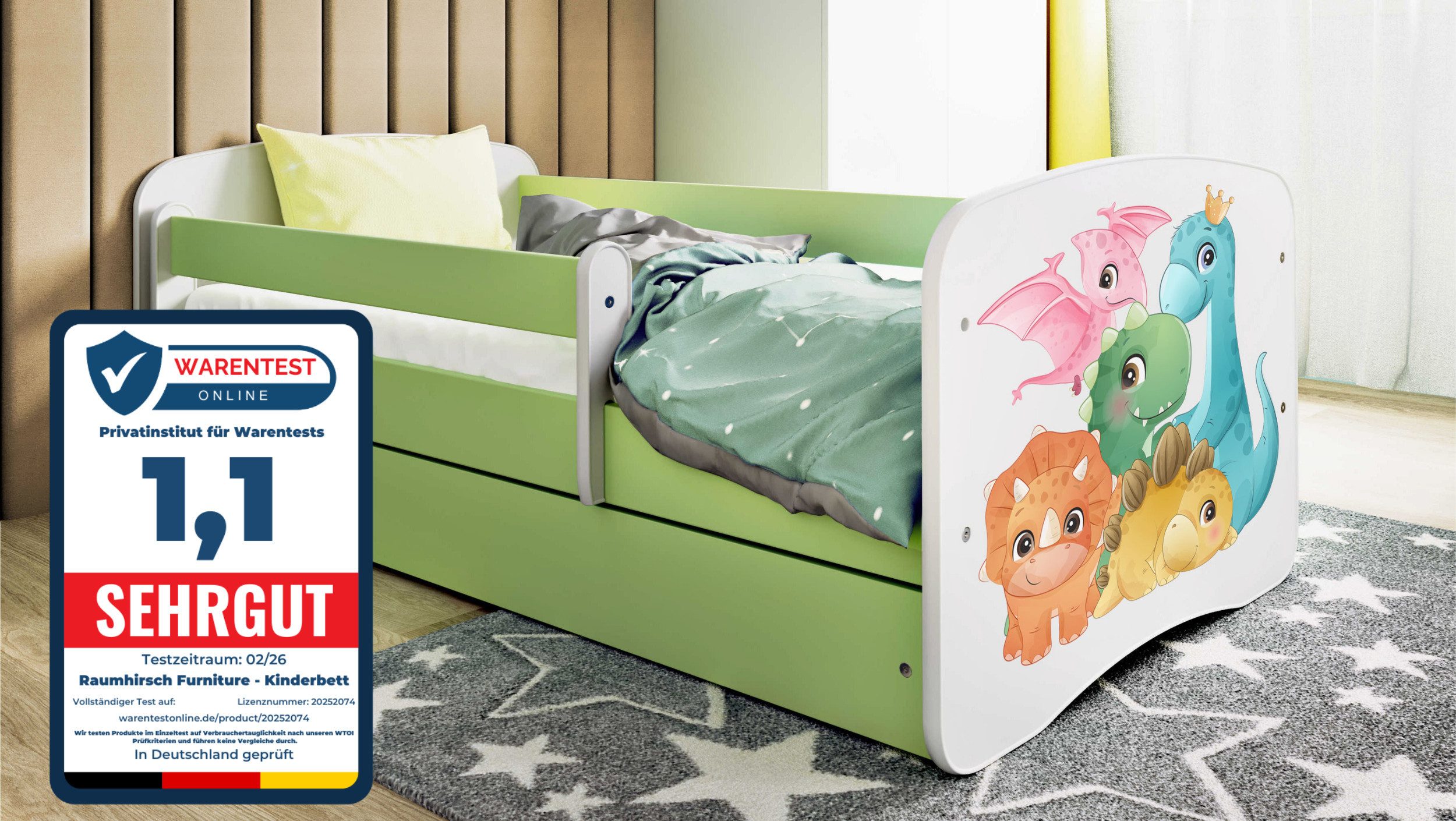 Raumhirsch Furniture Kinderbett 70x140, 80x160, 80x180 cm - Komplettset mit Schublade (Bett für Mädchen, Einzelbett Kinder 2–12, mit Rausfallschutz & Lattenrost), verschiedene Farben & Designs