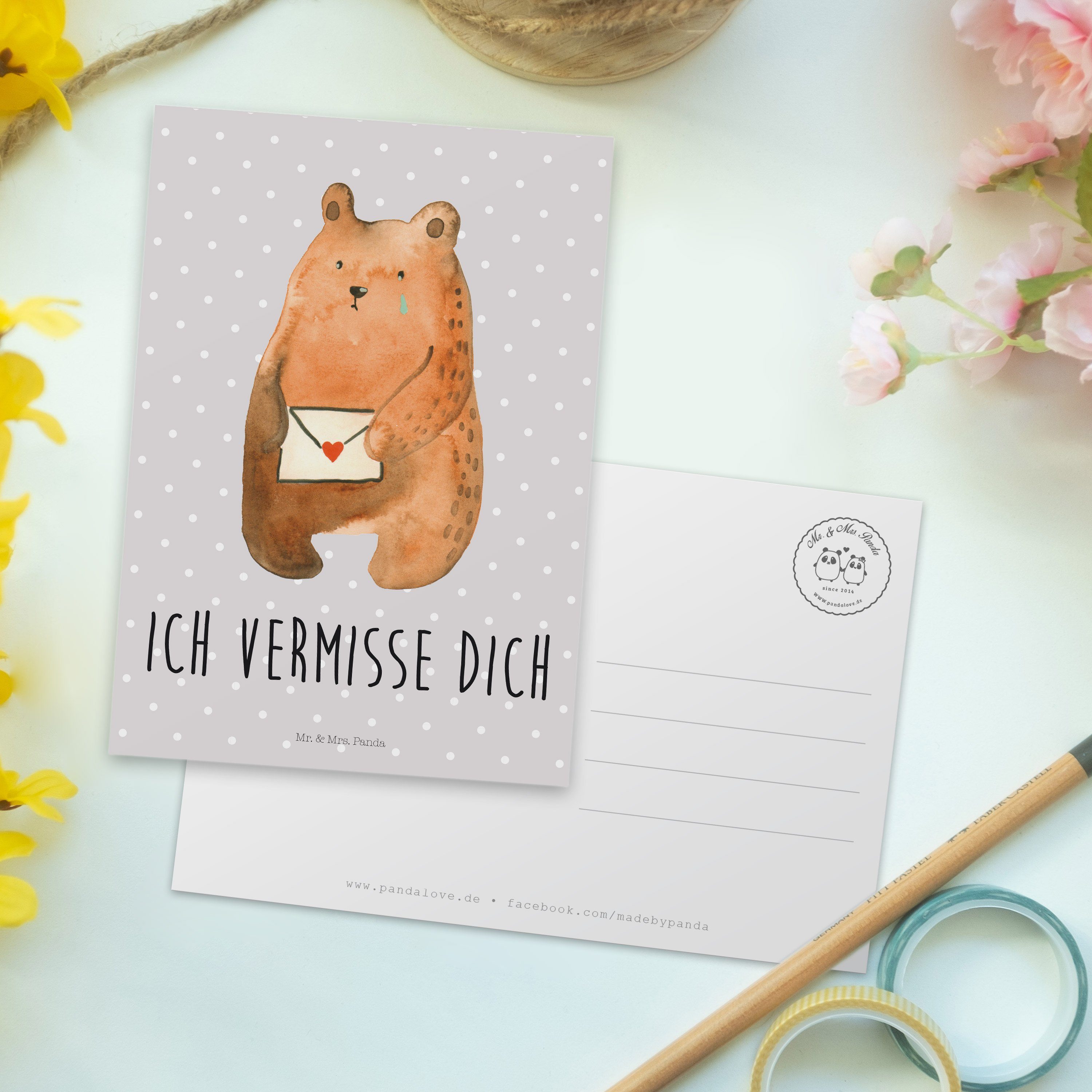 Mr. & Mrs. Postkarte Sehnsucht, Geschenk, Pastell - Teddy, Panda vermisse Grau - Liebesbrief-Bär