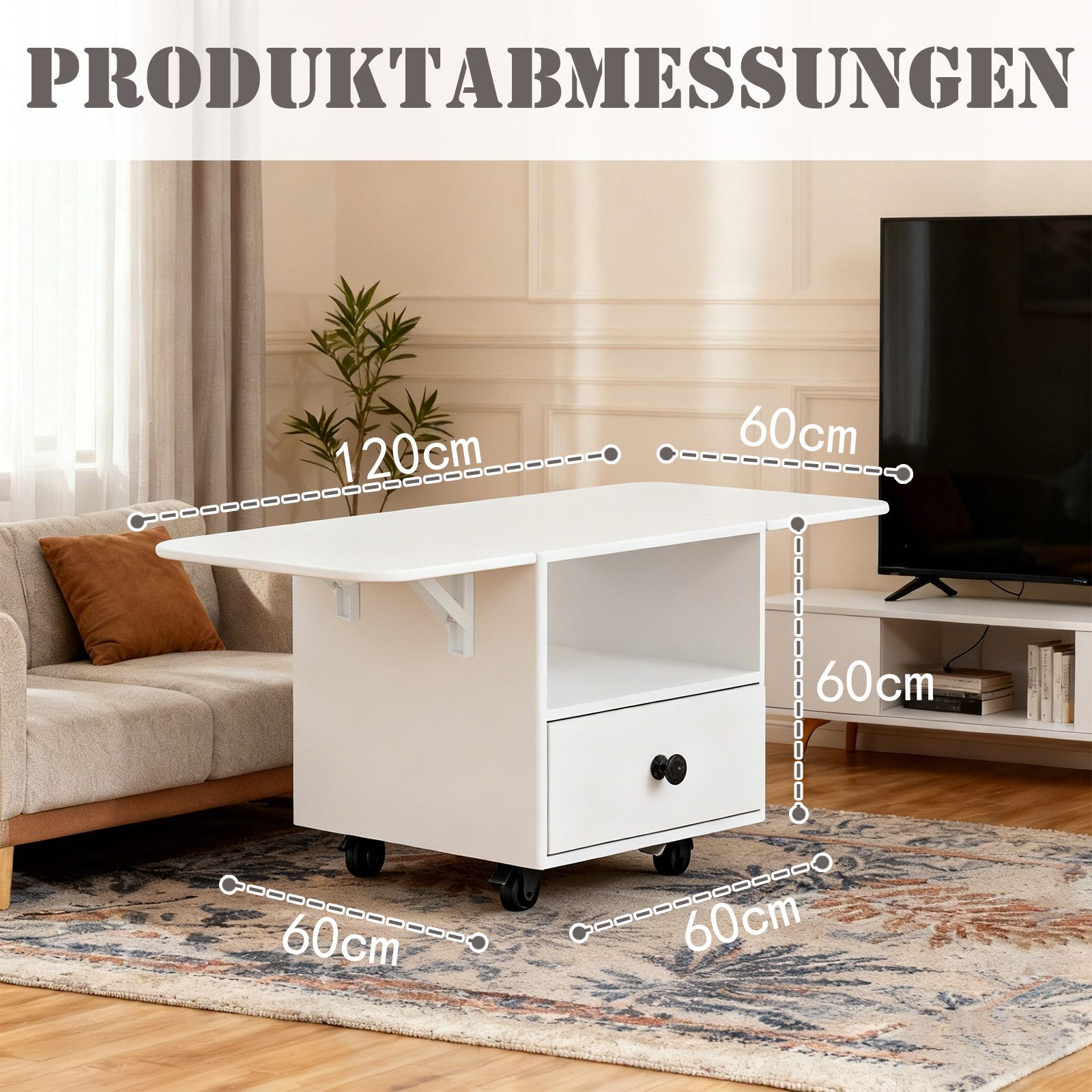 PEALOV Couchtisch mit Schubladen und Rollen, Ausziehbarer Wohnzimmertisch Weiß (1-St), 60–120 × 60 × 60 cm, mit praktischem Stauraum