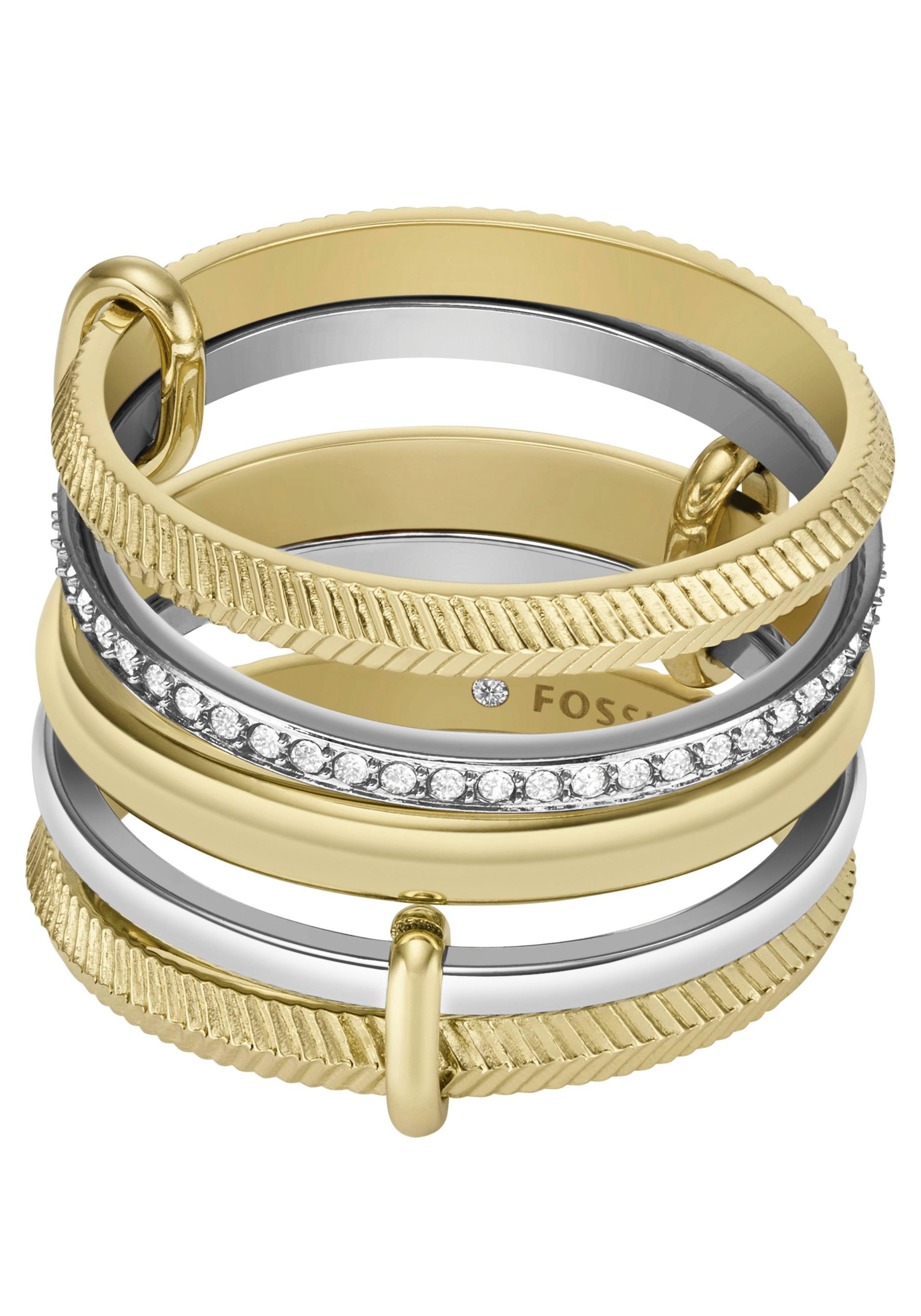 Fossil Fingerring JEWELRY ALL STACKED UP TWO-TONE PRESTACK RING,  JF04592998, mit Glassteinen
