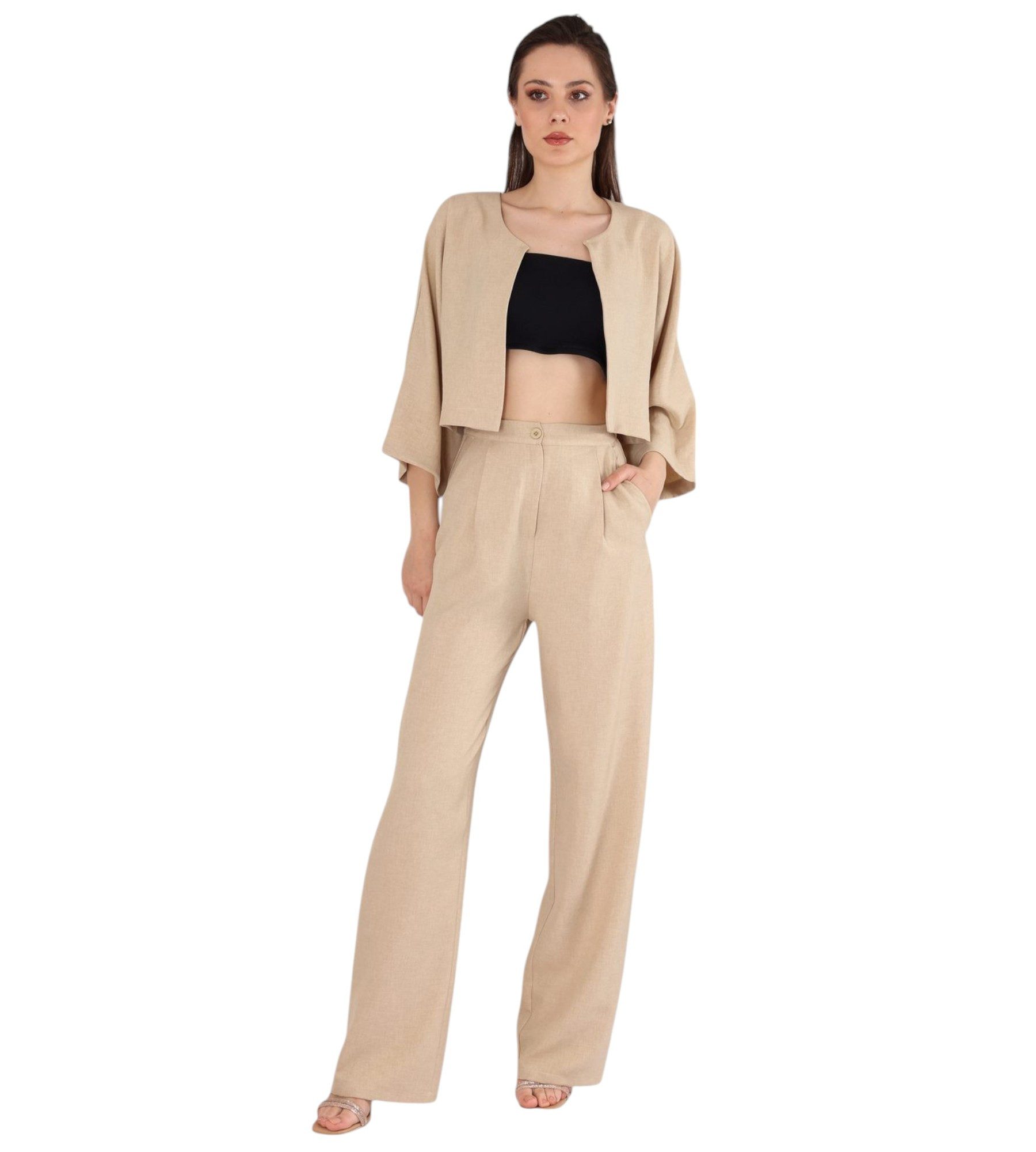 fashionshowcase Palazzohose Palazzohose Damen Hose in Leinenoptik – elegant Weites Bein XS beige