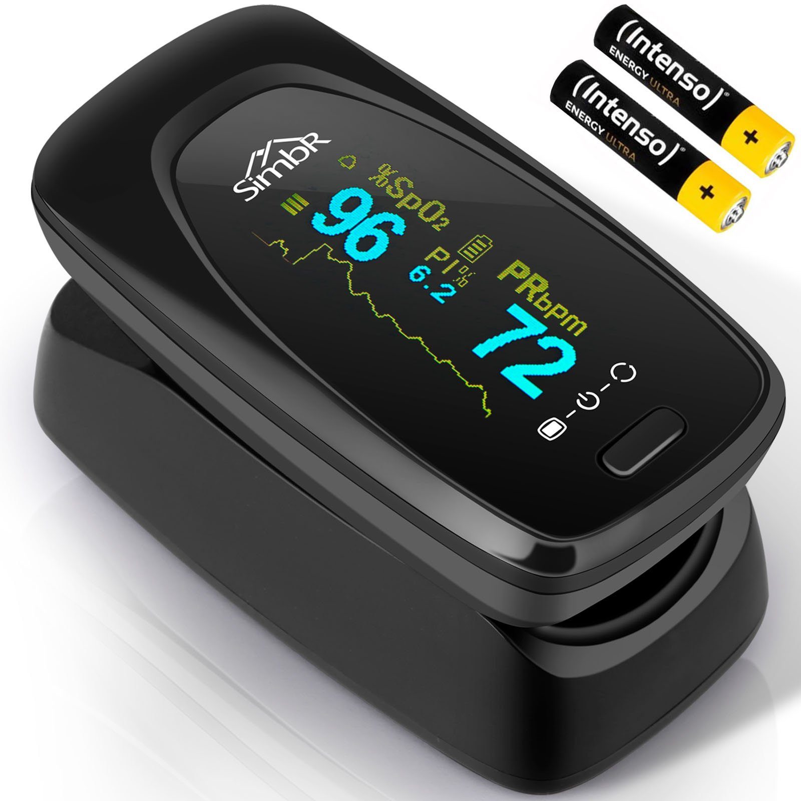 HAC24 Pulsoximeter Pulsoxymeter Finger Puls Messgerät Sauerstoff Blut SpO2, Inklusive Trageschlaufe, Tasche und Batterien