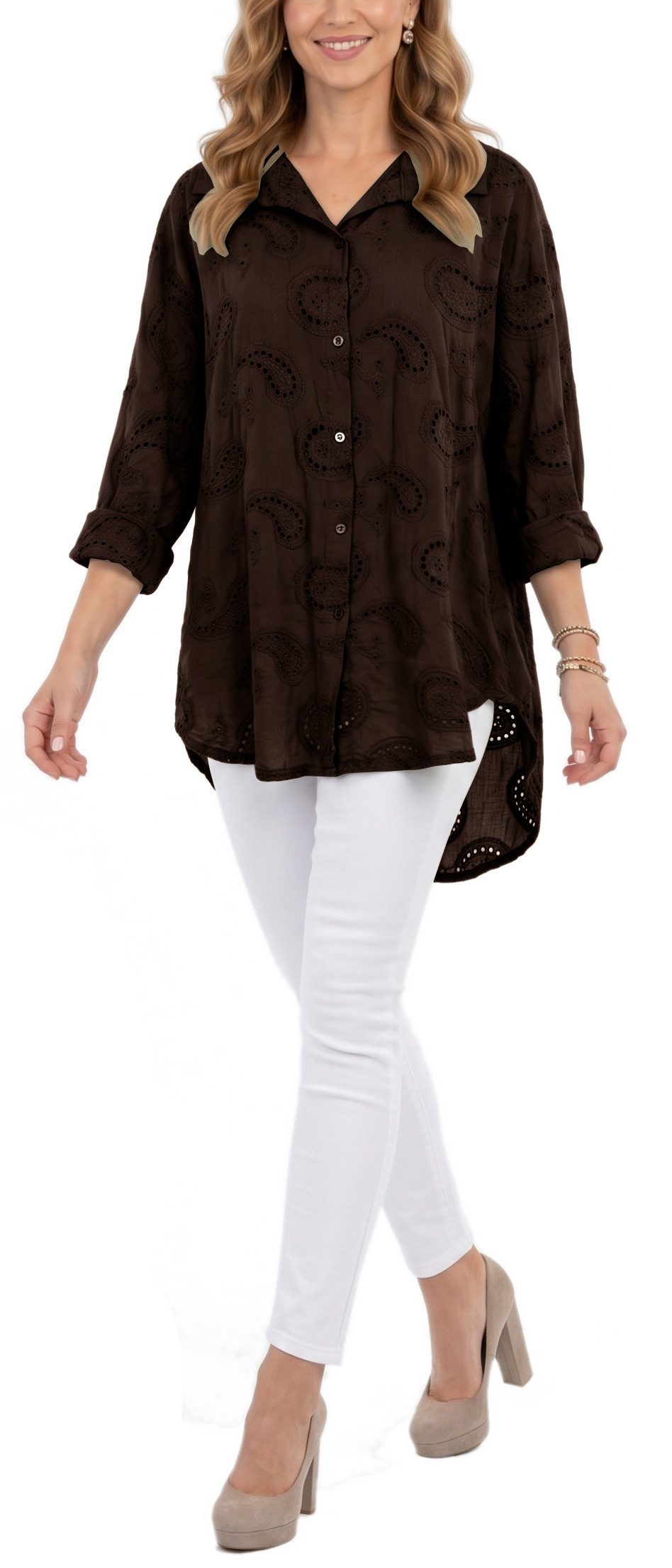 dy_mode Longbluse Damen Longbluse Oversize Tunika Boho Baumwollbluse Sommerbluse in Unifarbe, mit Paisley Lochstickerei, in Vokuhila-Schnitt