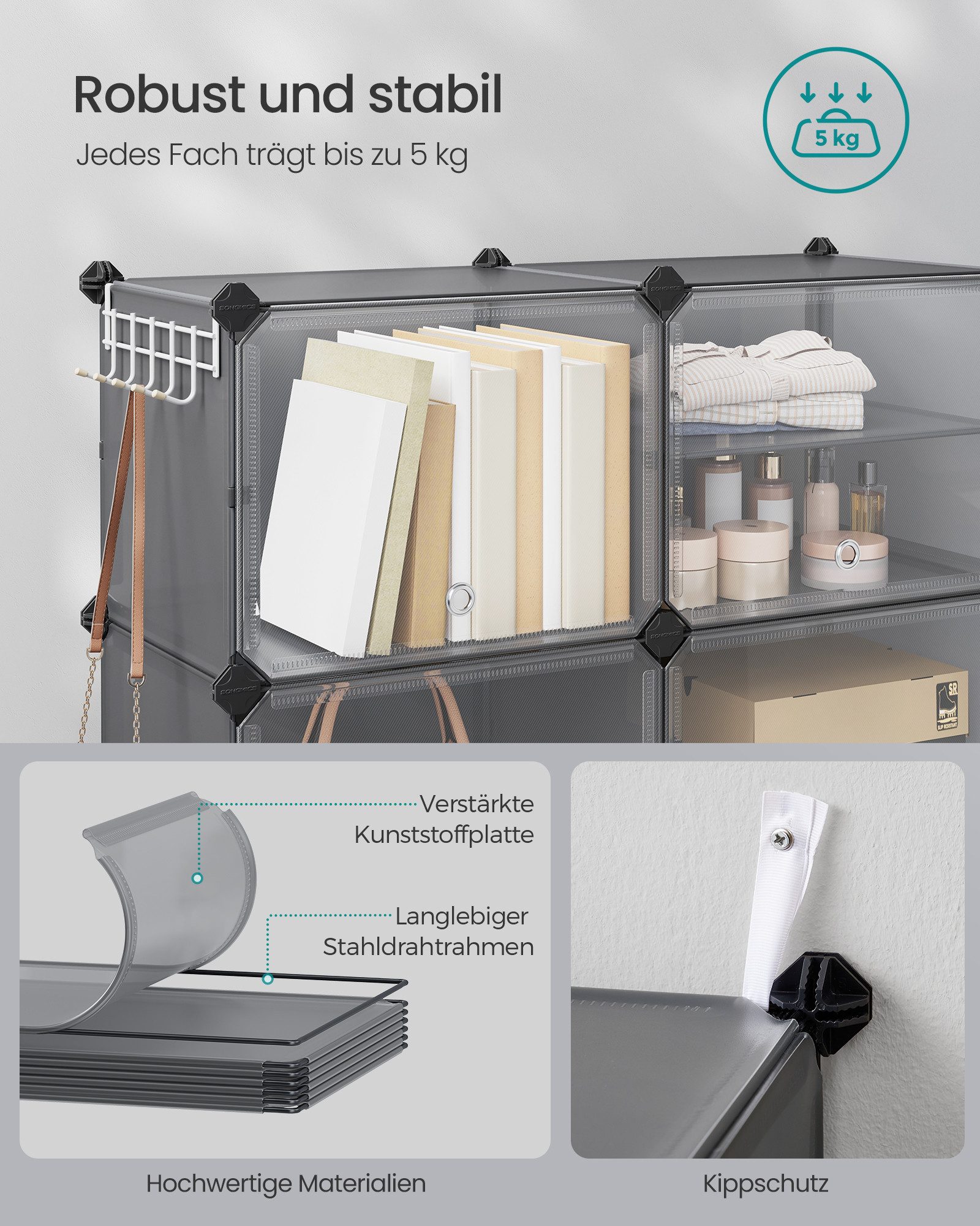 SONGMICS Schuhregal Schuhschrank, 30 x 40 x 30 cm pro Fach, für Flur, Eingangsbereich, mit 6 Fächern, mit Türen, für bis zu 24 Paar Schuhe, anpassbar