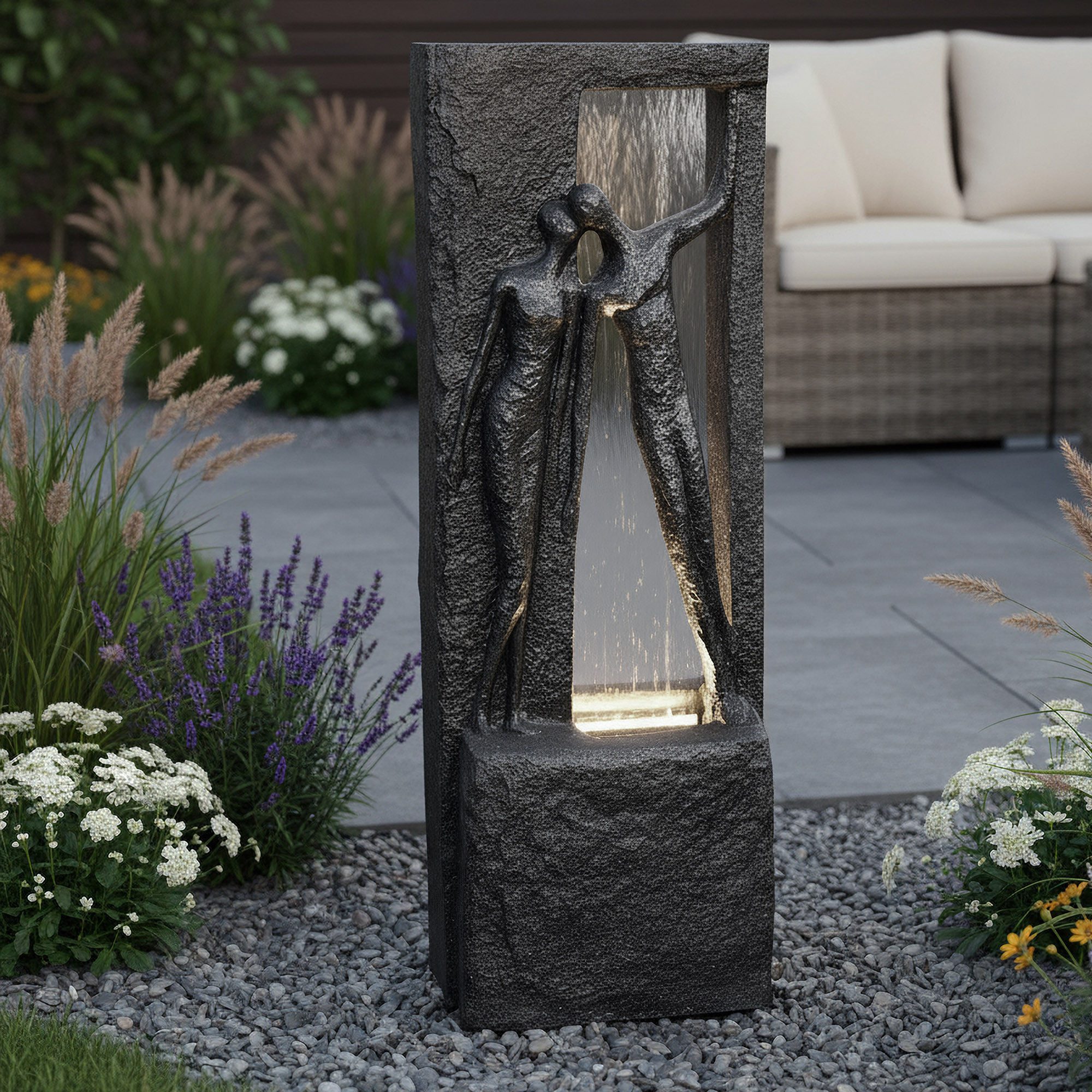 Arnusa Zimmerbrunnen großer Gartenbrunnen Bronze-Steinoptik Wasserwand beleuchtet, 37,5 cm Breite, (99,5 cm), Design Gartendeko Skulptur Wasserspiel