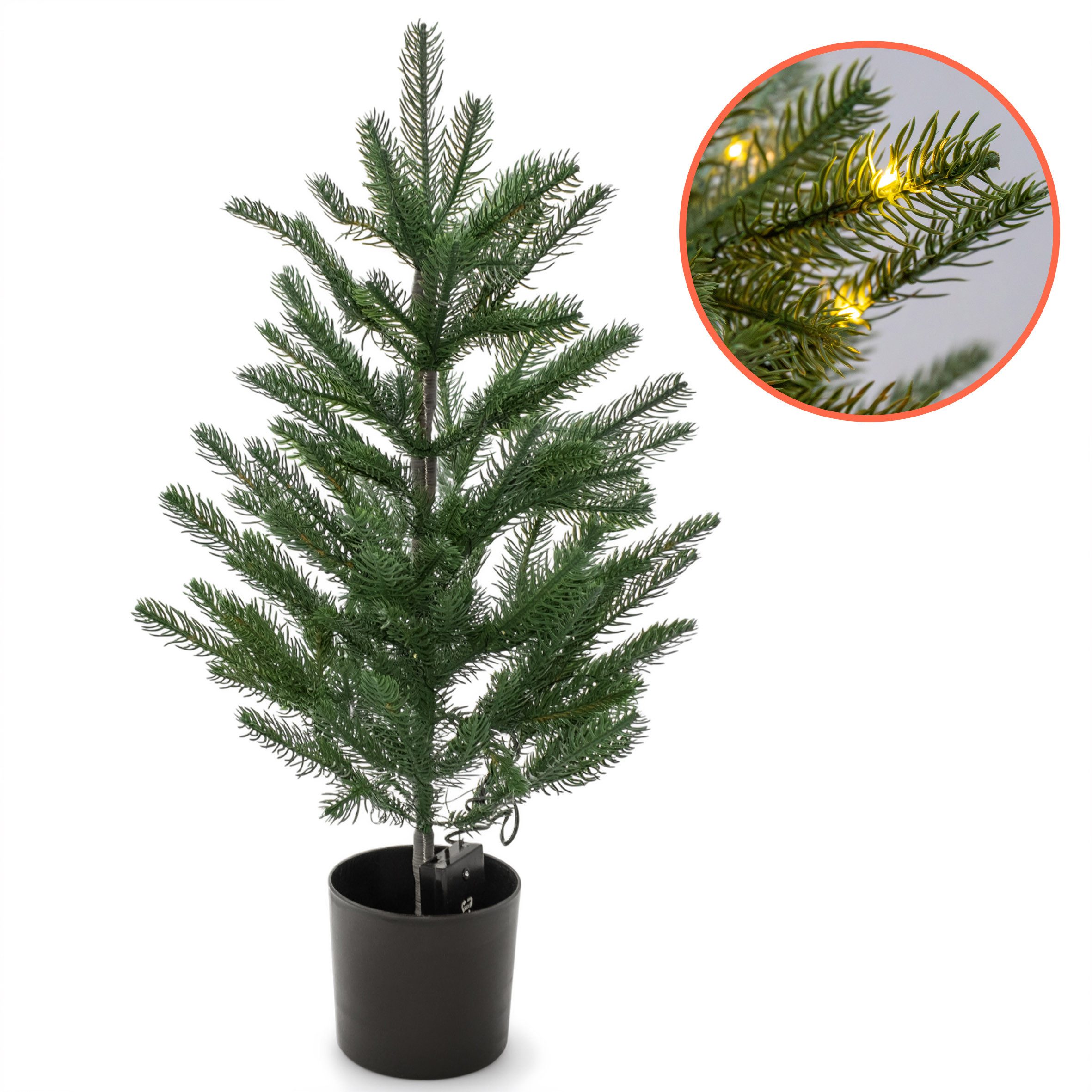 Spetebo Künstlicher Weihnachtsbaum Tannenbaum 60 cm Höhe im schwarzen Blumentopf beleuchtet mit 30 LED, dekoriert mit einer 30 LED Lichterkette – Bild 5 von 5