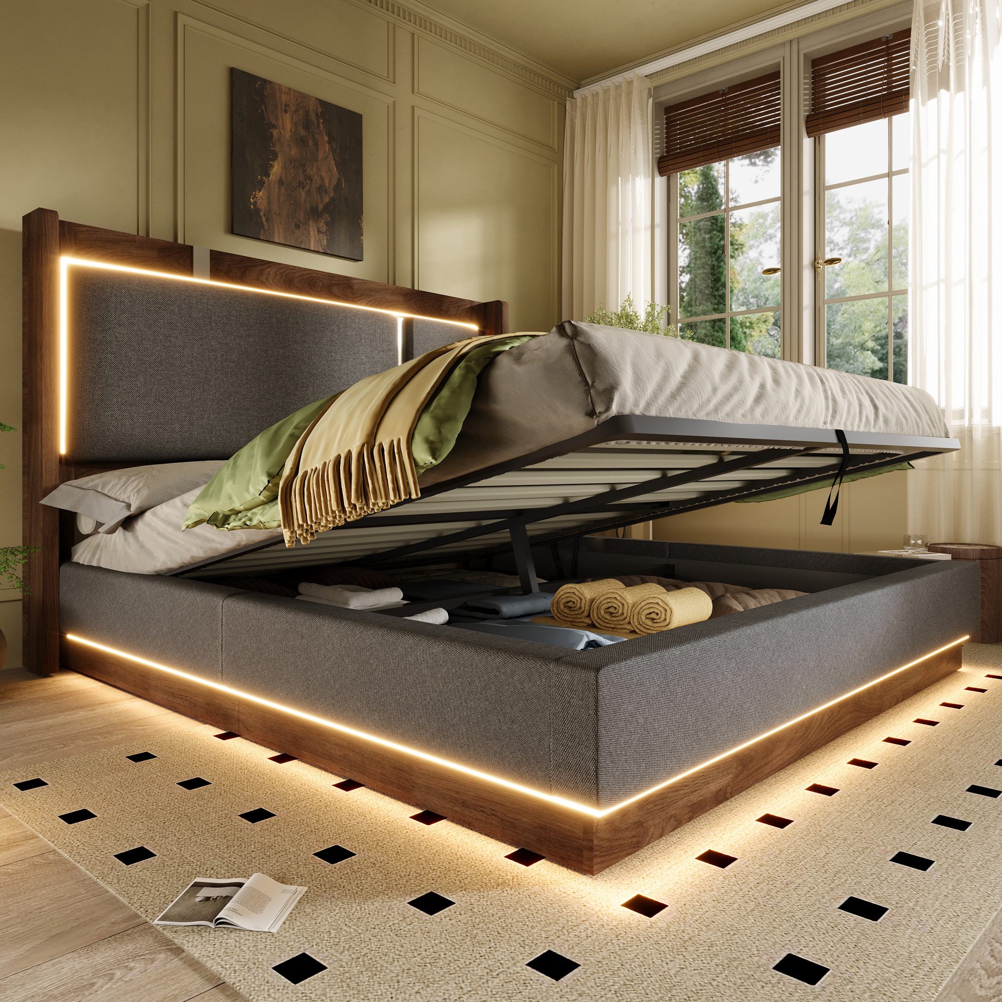 TavilaEcon Polsterbett mit Lattenrost, LED & Bettkasten, Hydraulik, Leinen Beige & Walnuss (1-tlg), ohne Matratze, 180x200cm, grau