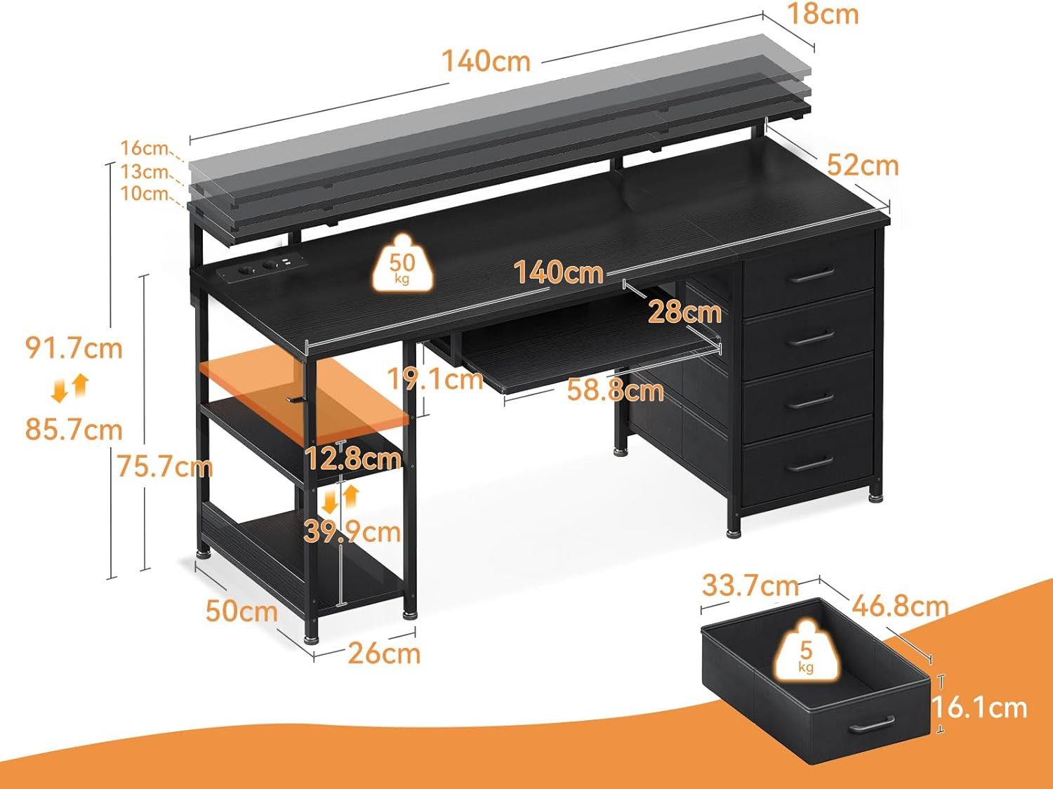 ODK Schreibtisch ODK Schreibtisch mit 4 Schubladen, Tastaturablage, Schwarz, 140x52x92cm