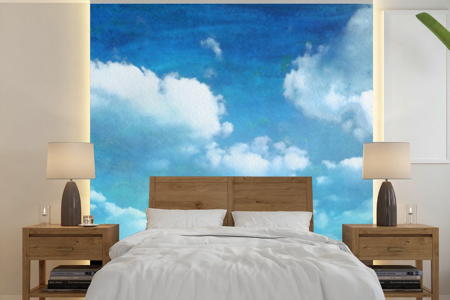 MuchoWow Fototapete Wolken - Aquarell - Sommer, Matt, bedruckt, (5 St), Vinyl Tapete für Wohnzimmer oder Schlafzimmer, Wandtapete